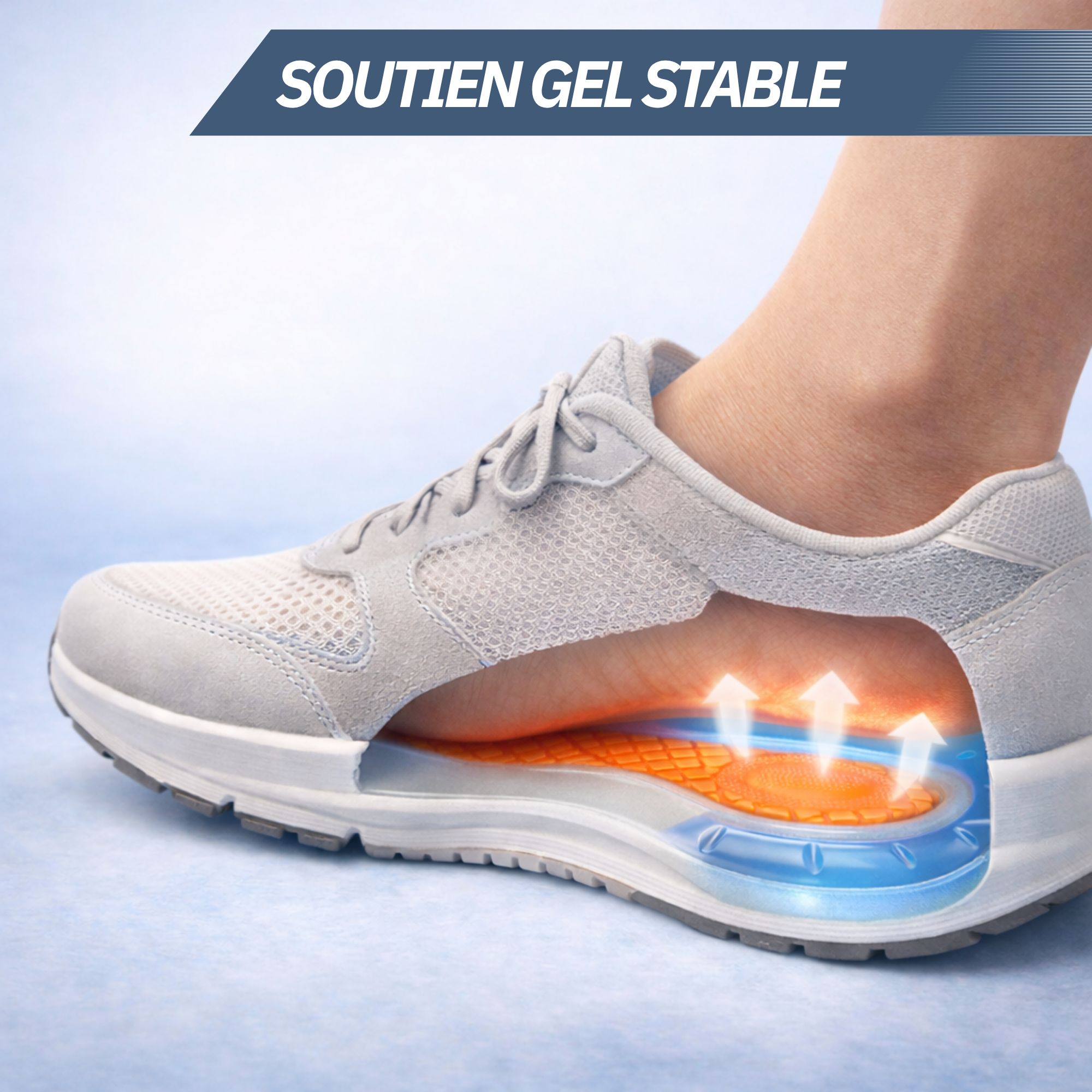 Semelle intérieure avec amorti gel dans la chaussure, pour le soutien du talon.