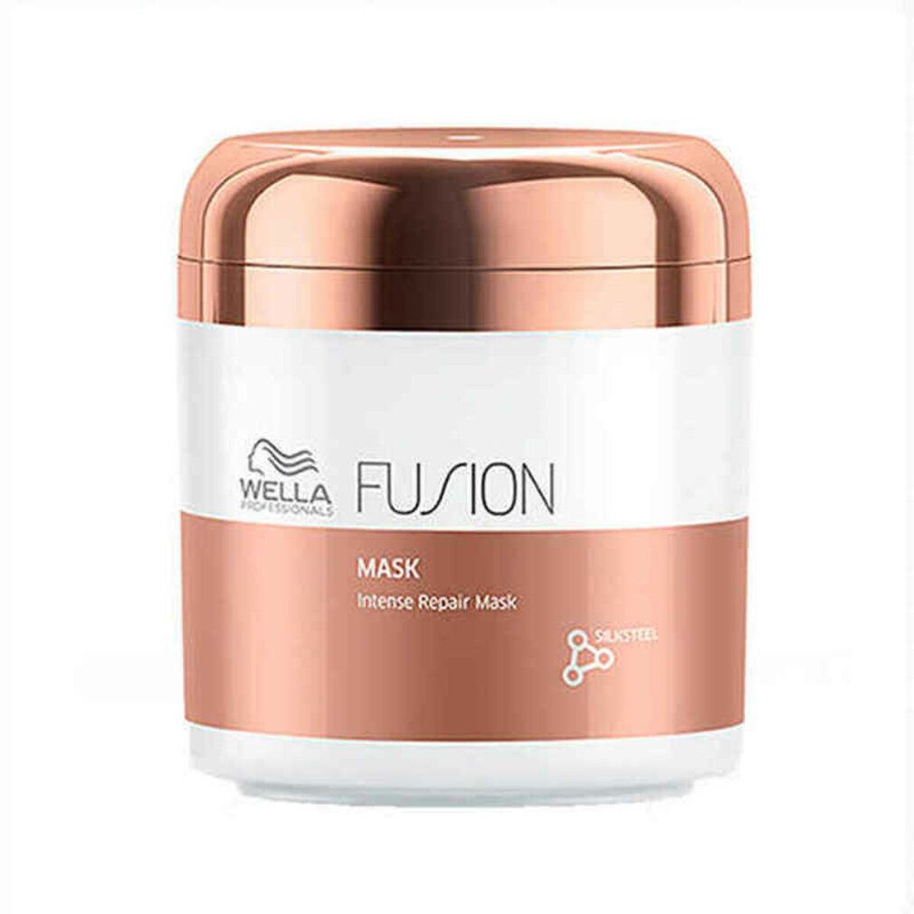 Pot blanc avec couvercle et bande cuivrés. Inscription: FUSION Mask. Marque Wella.