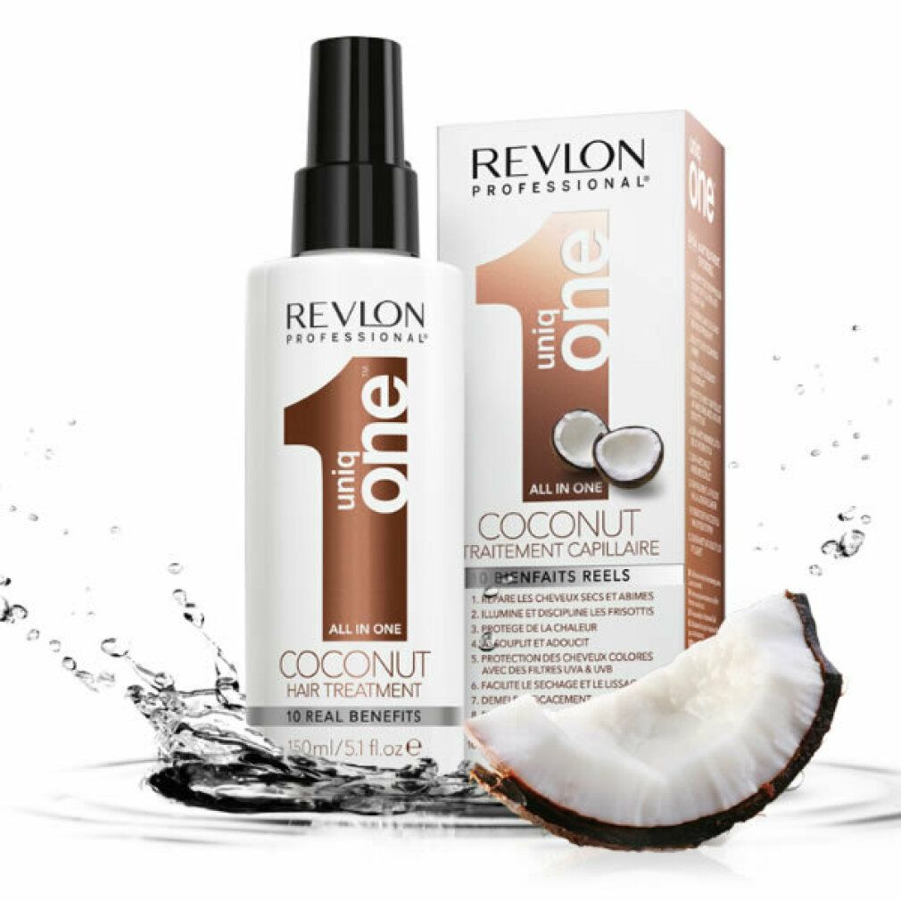 Revlon Uniq One Coconut Hair Treatment. Bouteille et emballage. Tranche de noix de coco. Inscription: 10 Real Benefits.
