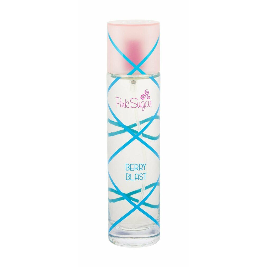 Transparante fles met blauwe decoratie en roze dop. Opschrift: Pink Sugar Berry Blast.