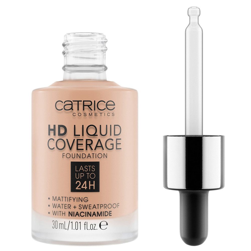Fond de teint liquide HD. Marque Catrice. Flacon avec pipette. Texte: HD Liquid Coverage, matifiant, résistant à l'eau, avec niacinamide.
