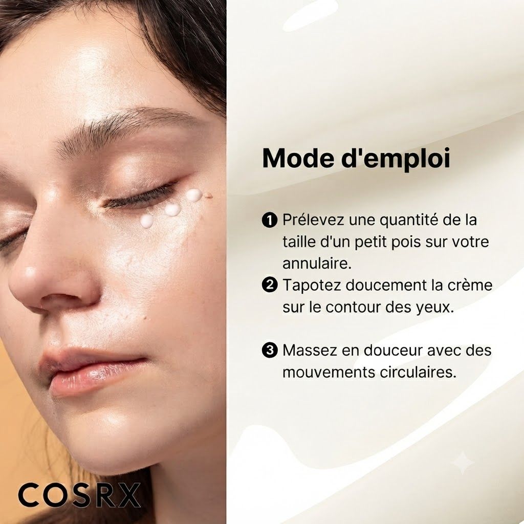 Gros plan de la texture de la crème pour les yeux, étirée entre les doigts.