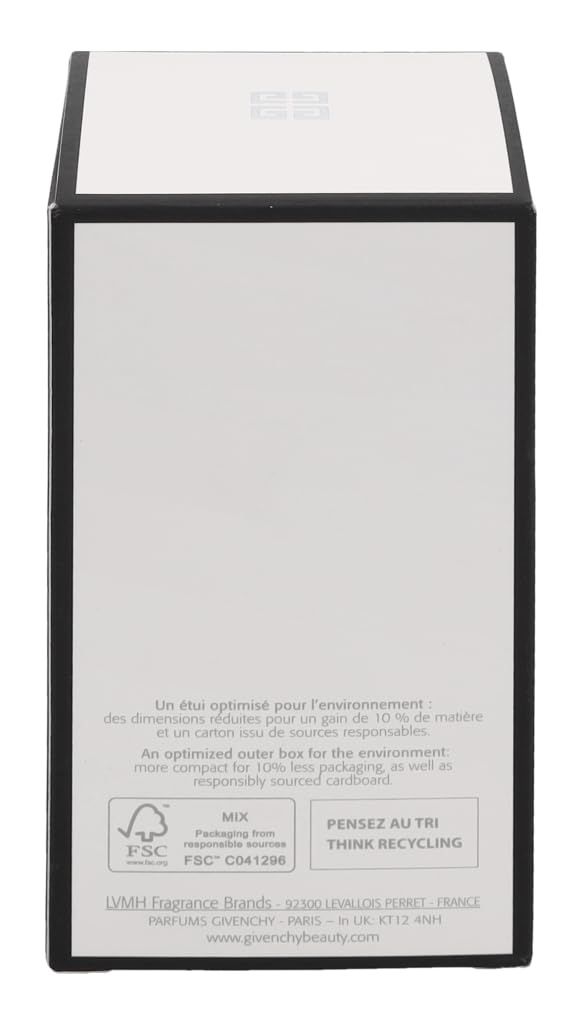 Dos de la boîte. Texte : Emballage extérieur optimisé pour l'environnement. Certification FSC. Think Recycling.