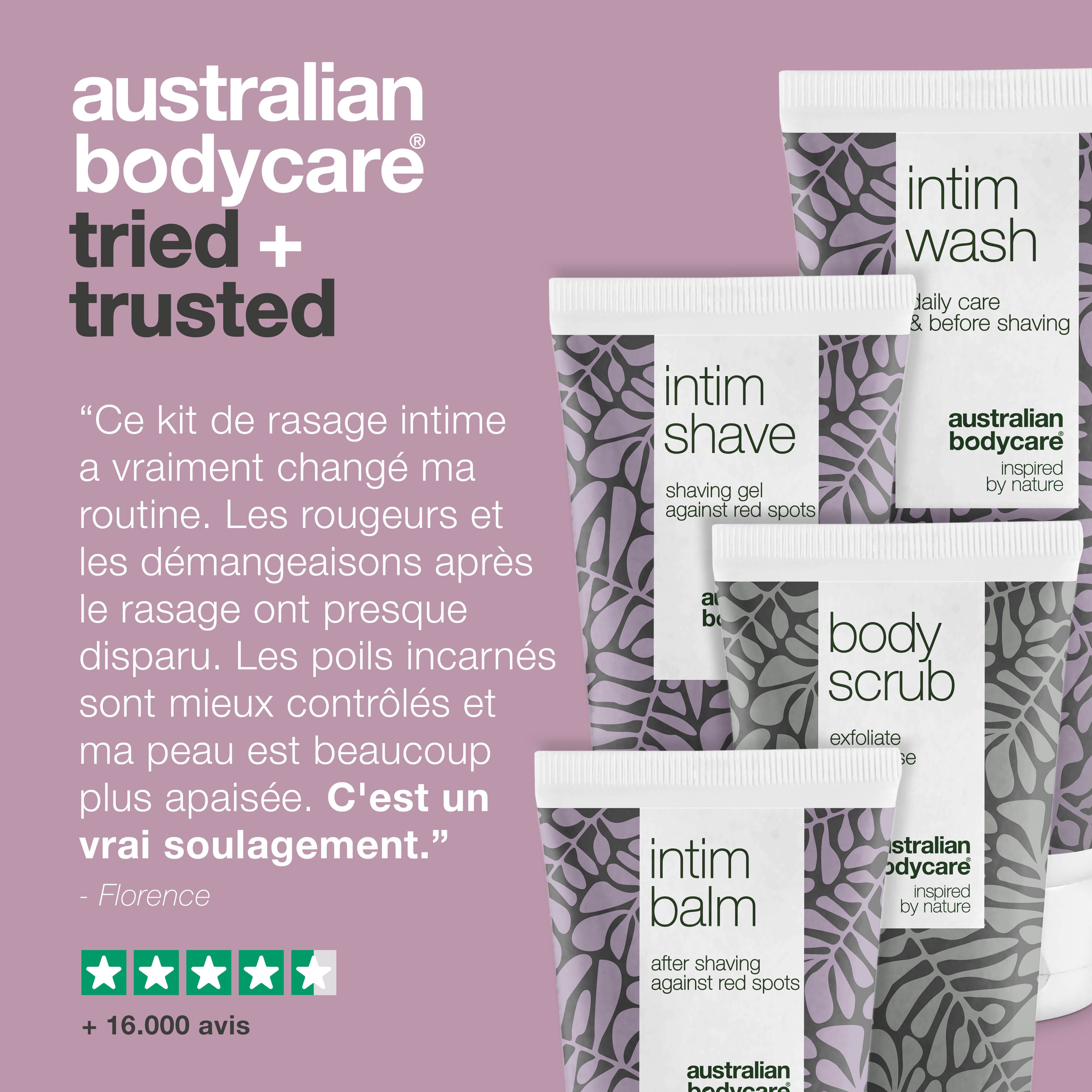 Australian Bodycare. Produits : Intim Wash, Intim Shave, Intim Balm, Body Scrub. Avis clients.
