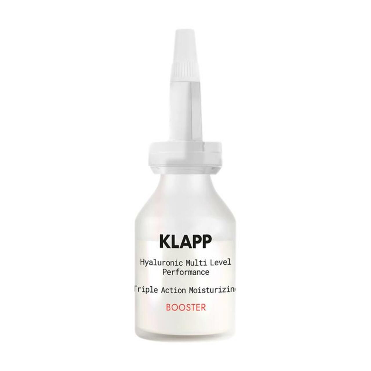 Transparante flacon met witte dop en applicator. Opschrift: Klapp, Hyaluronic Multi Level Performance Booster.