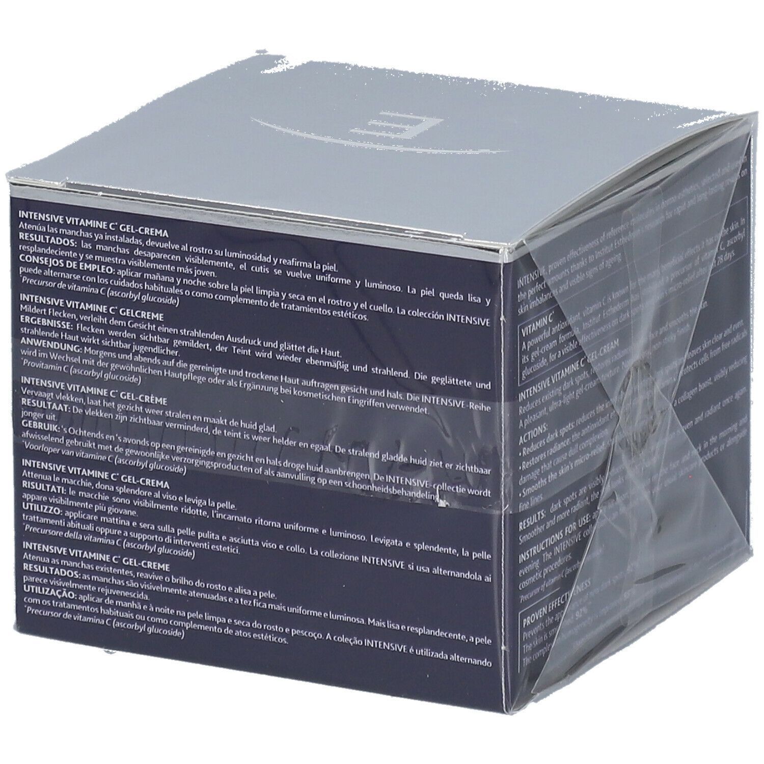 Boîte bleu foncé avec texte. INSTITUT ESTHEDERM, INTENSIVE VITAMINE C GEL-CREME. Emballée dans du plastique.