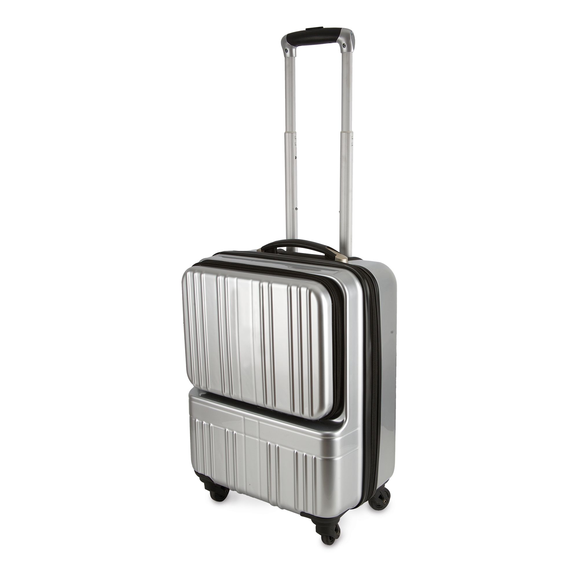 Zilveren trolley met uitschuifbare handgreep. Twee boven elkaar geplaatste compartimenten met geribbeld oppervlak. Zwarte rits.