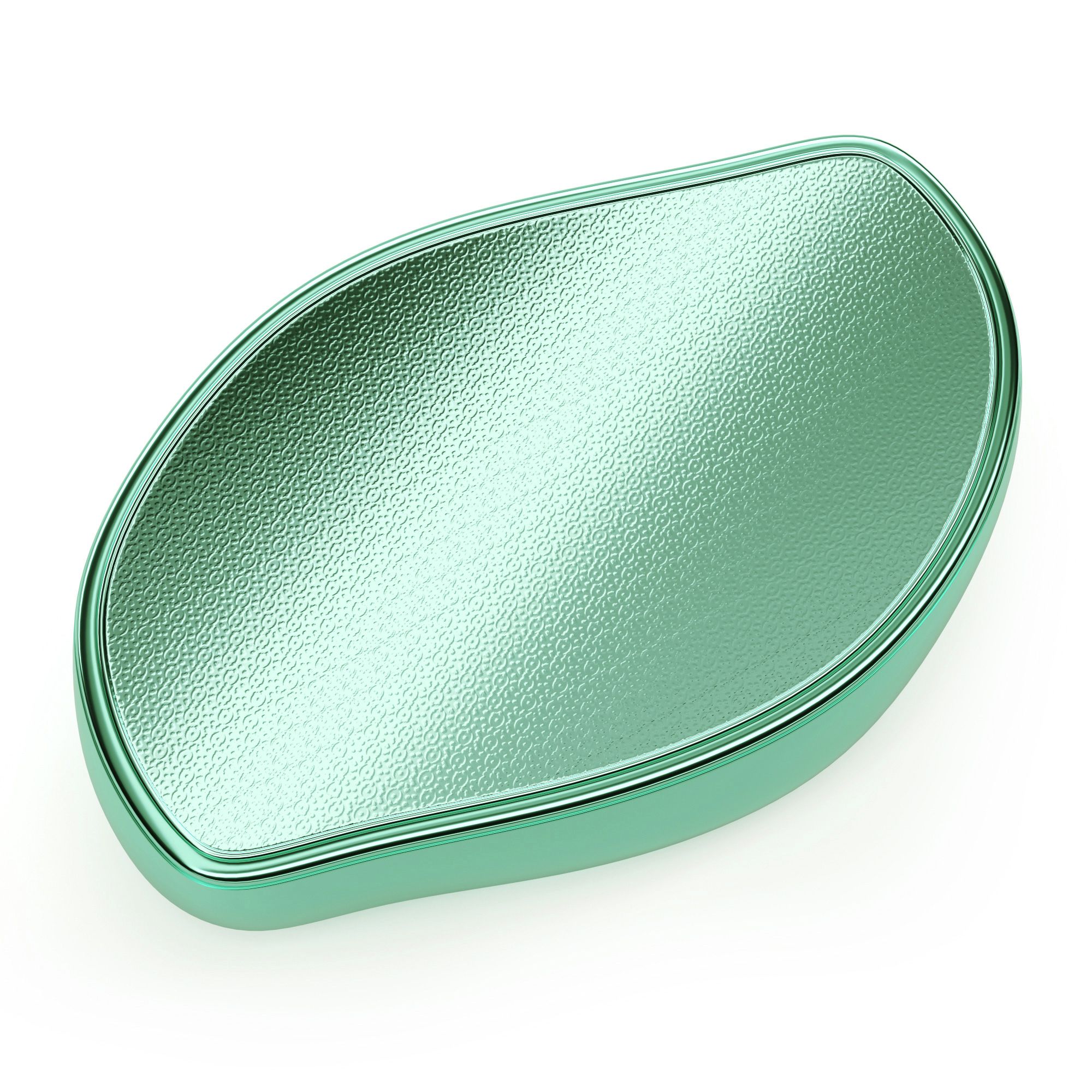 Appareil de pédicure ovale vert avec surface texturée. Cadre métallique.