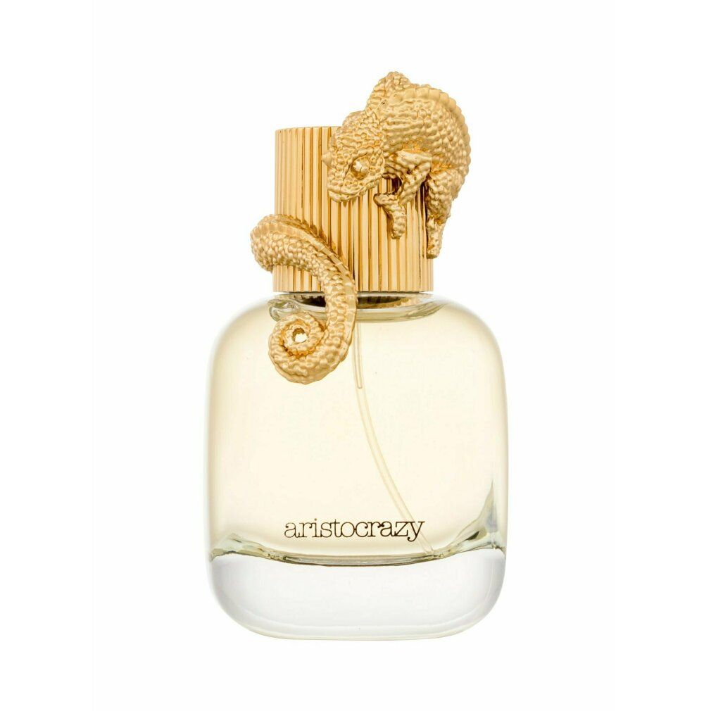 Flacon de parfum avec bouchon doré en forme de reptile. Inscription 'aristocrazy'.