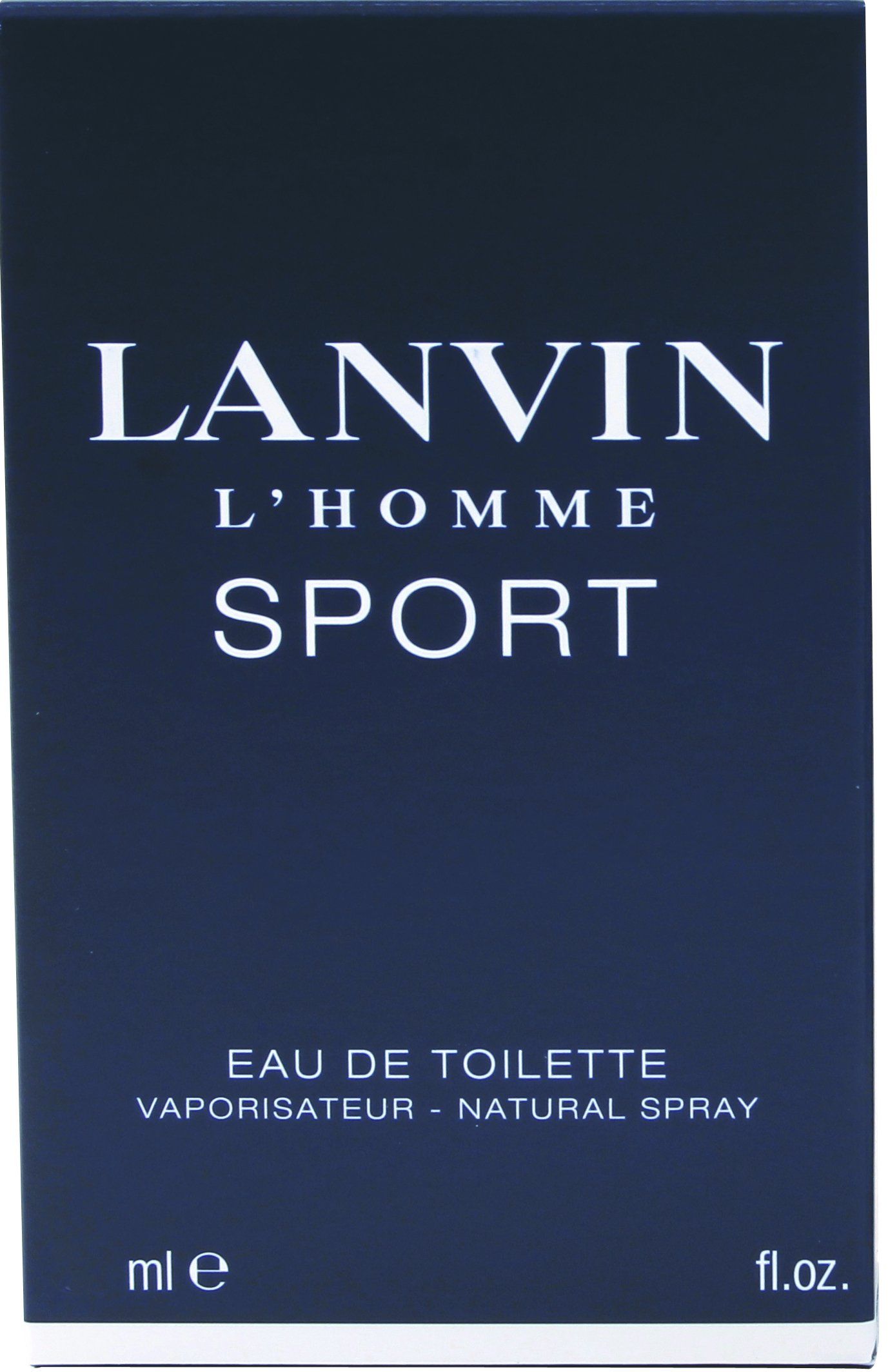 Donkerblauwe doos met witte tekst. Opschrift: LANVIN L'HOMME SPORT. Eau de Toilette.