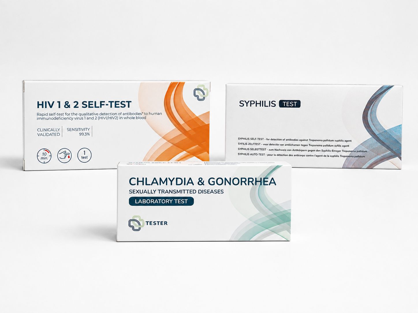 Trois kits de test pour IST : VIH, Syphilis, Chlamydia & Gonorrhée.