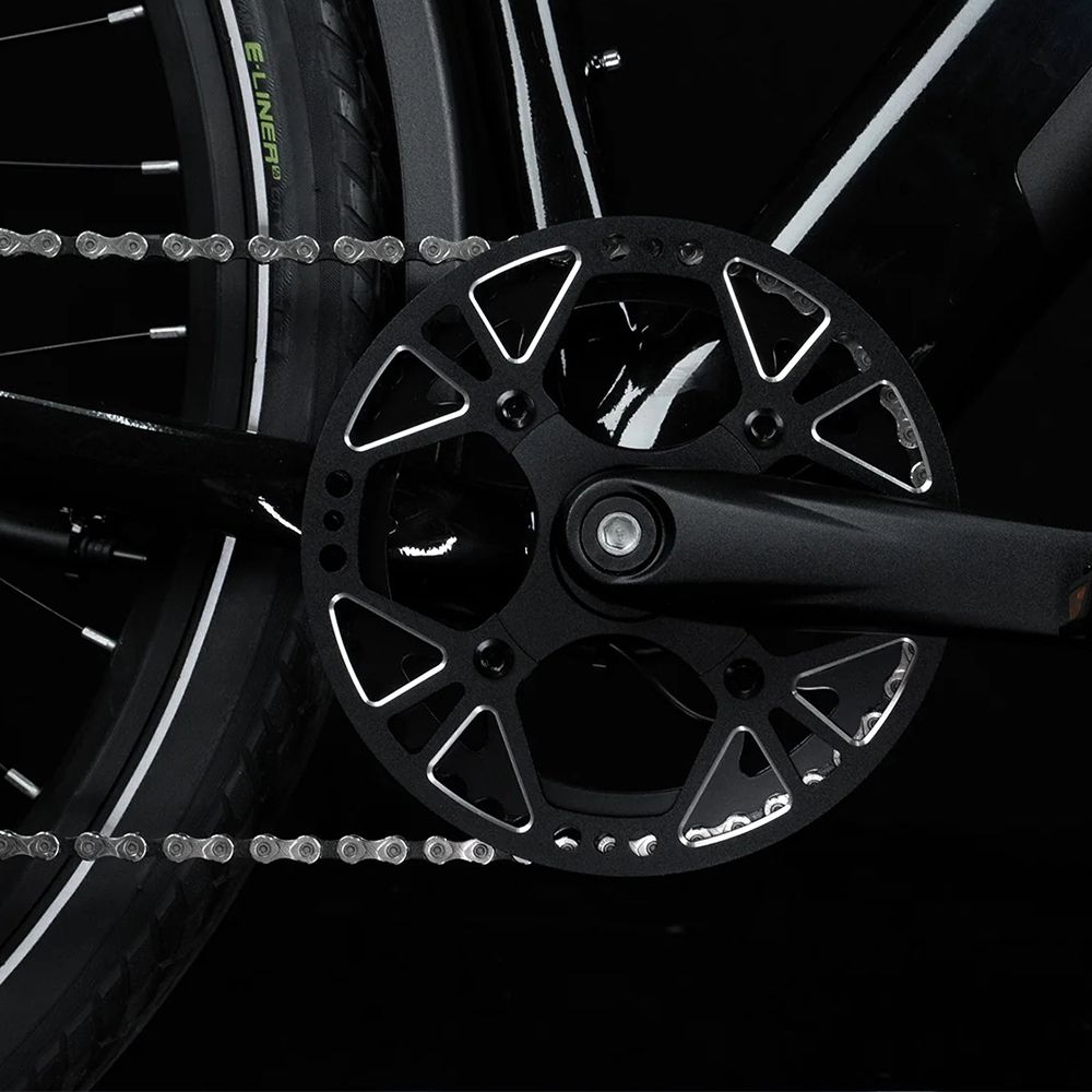 Close-up van de crankset van een zwarte e-bike. Zwarte ketting en kettingblad met tanden.