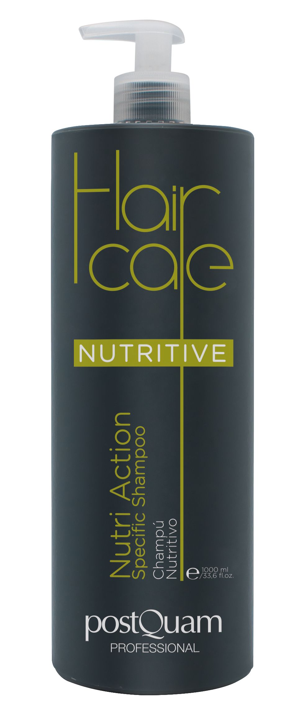 Donkergrijze shampoo fles met witte pomp. Opschriften: Hair Care Nutritive, Nutri Action Specific Shampoo, postQuam Professional.