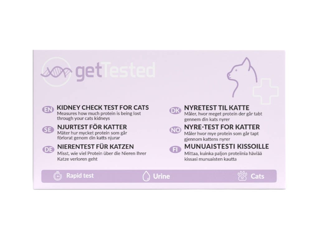 GetTested test pour chats. Emballage avec texte multilingue. Contient des informations sur le test et une illustration de chat.