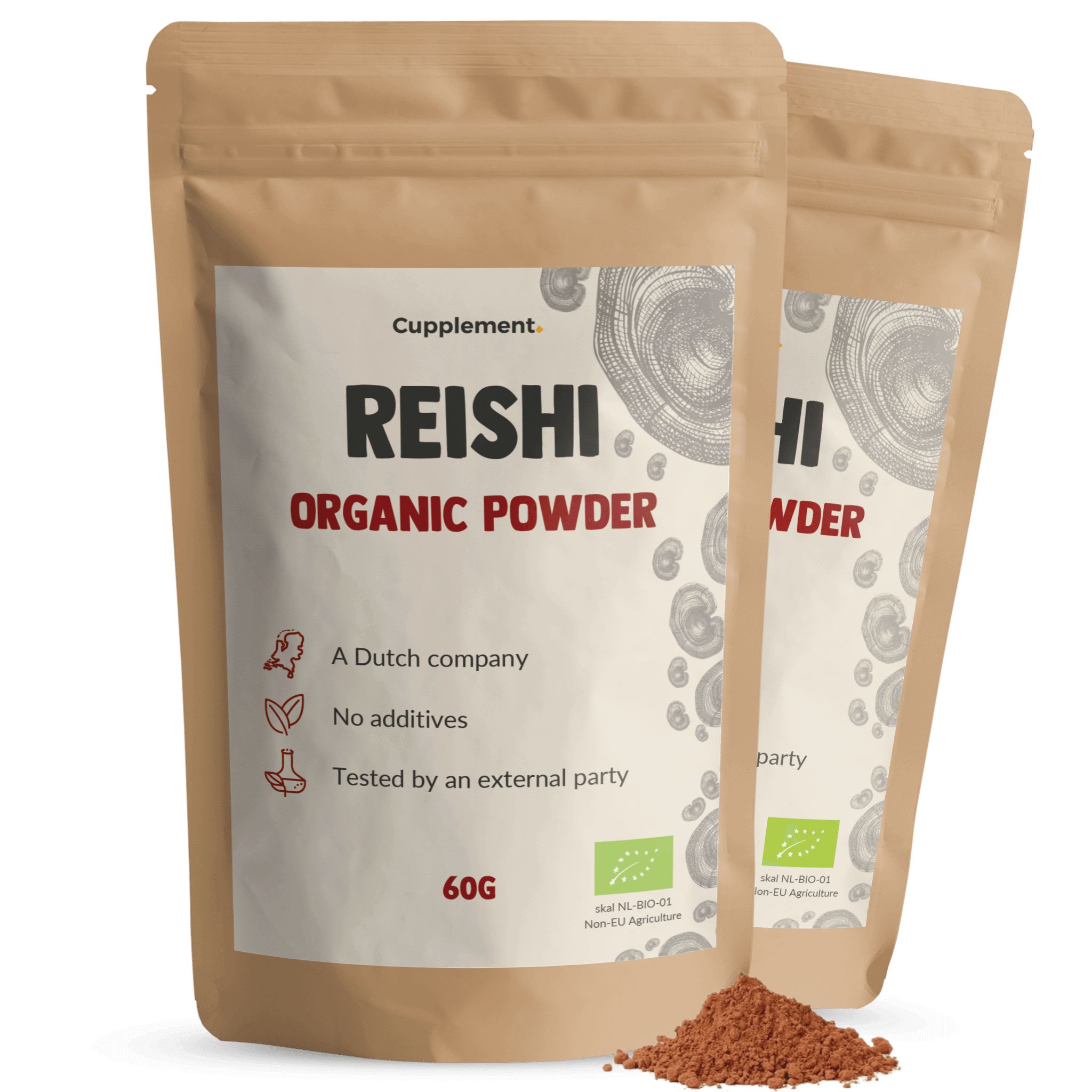 Twee zakjes Reishi poeder. Opschrift: Reishi Organic Powder. 60g. Certificering.