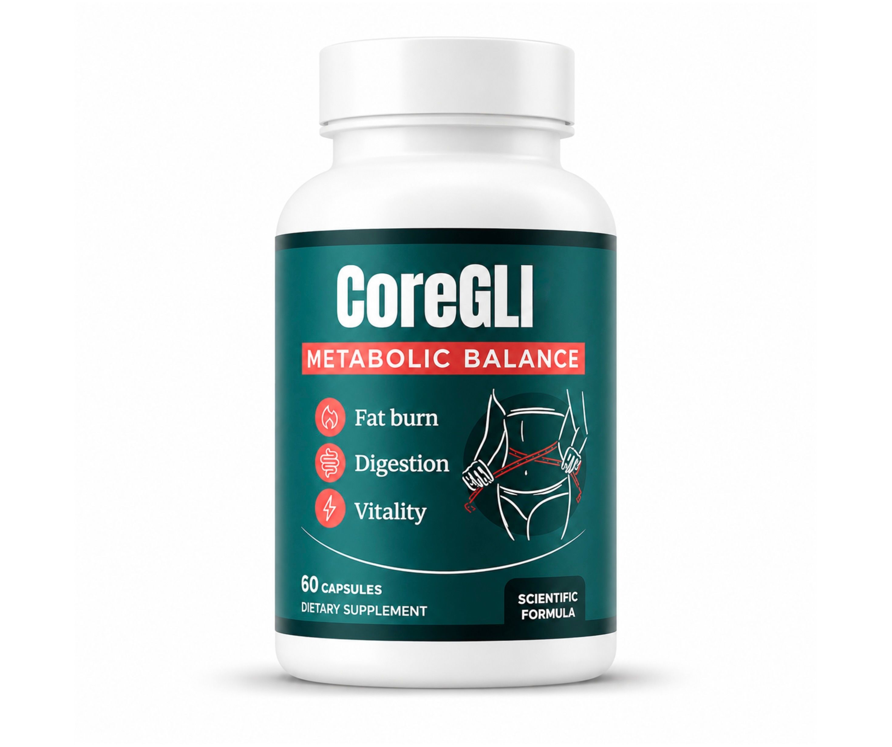 CoreGLI voedingssupplement in witte capsule met etiket: "METABOLIC BALANCE", "Fat burn", "Digestion", "Vitality". 60 capsules.