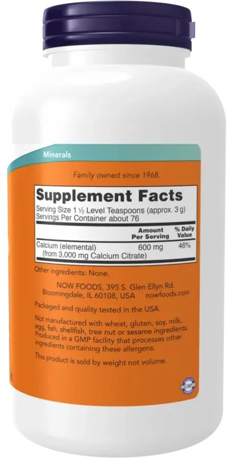 Dos du pot. Étiquette orange avec informations nutritionnelles et ingrédients. Contient du citrate de calcium. Fabriqué aux États-Unis.