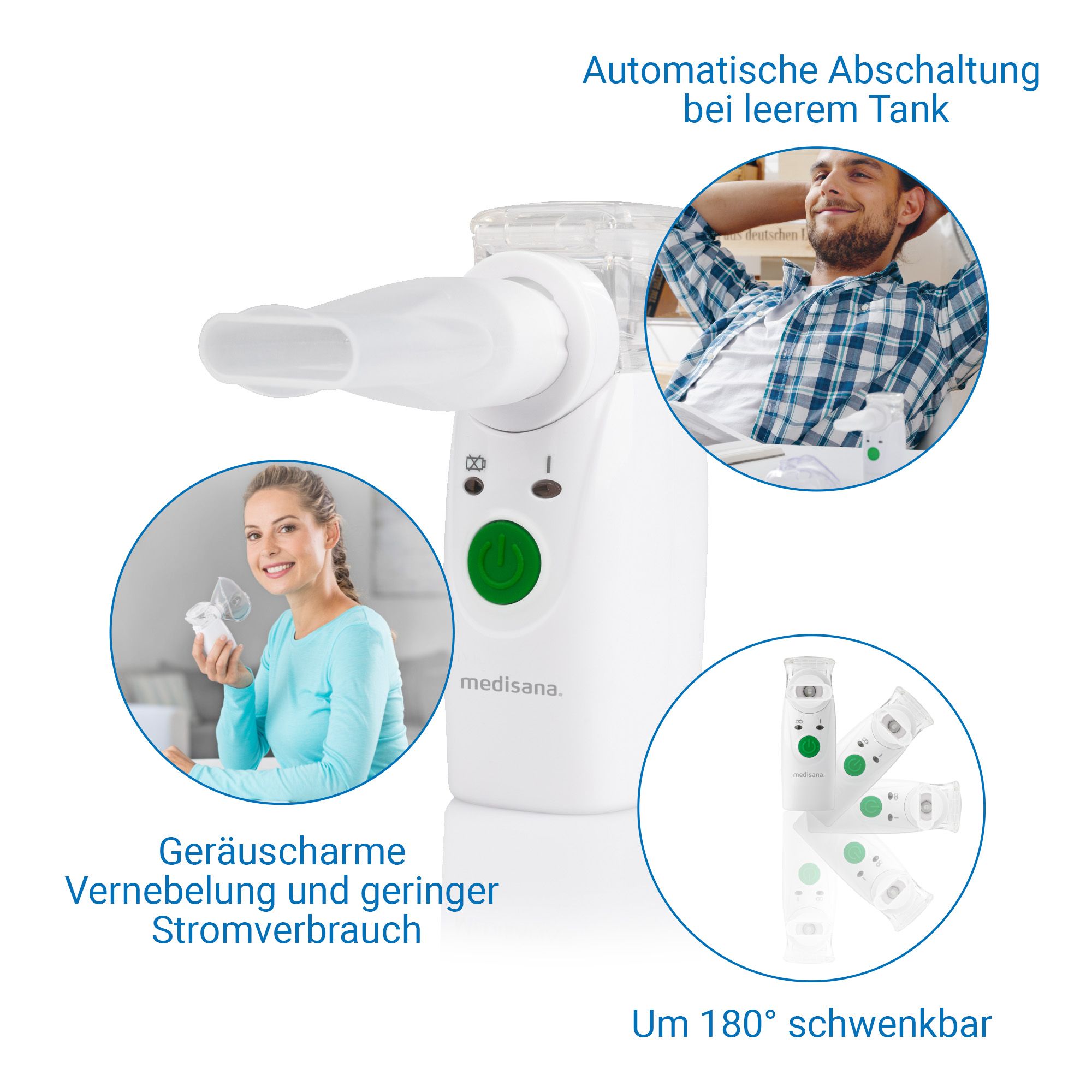 Ultrasone inhalator met maskers, vrouw, man en zwenkbaar huis.