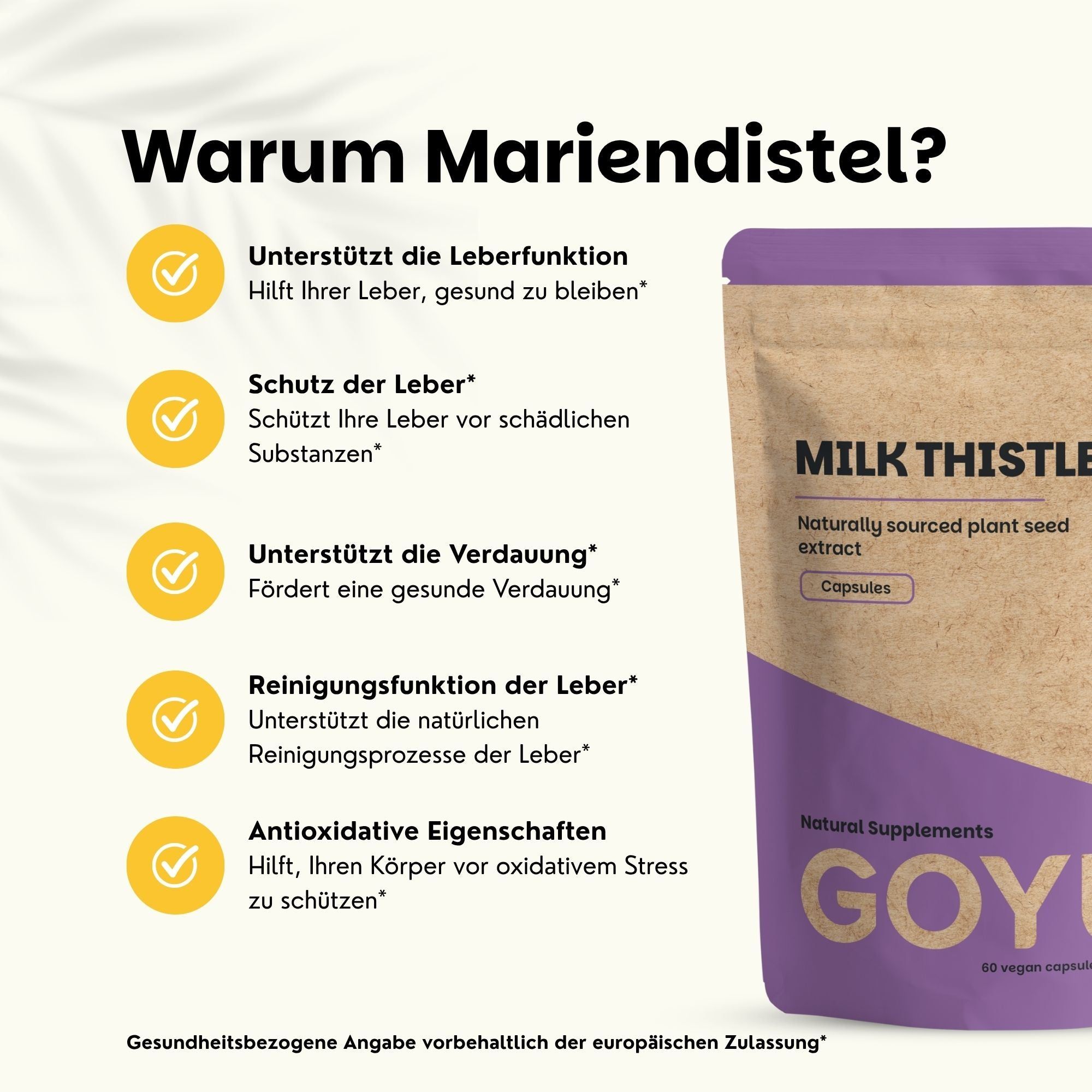 Sachet brun avec accents violets pour capsules de chardon-marie. Texte sur la fonction hépatique, la digestion et les propriétés antioxydantes.