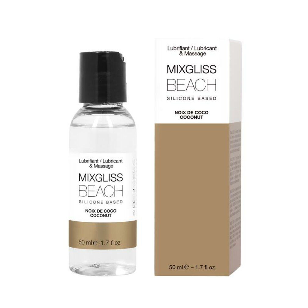 Liquide clair en flacon avec bouchon noir et emballage. Inscription : Mixgliss Beach, Noix de coco.