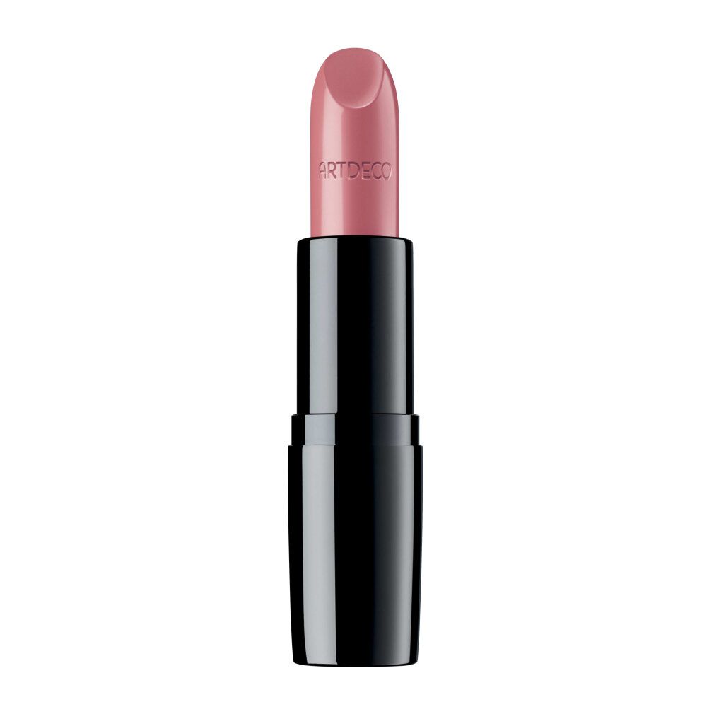 Artdeco Perfect Color Lipstick in een zwarte huls, uitgedraaid, met een roze lippenstift. De merknaam is zichtbaar op de lippenstift.