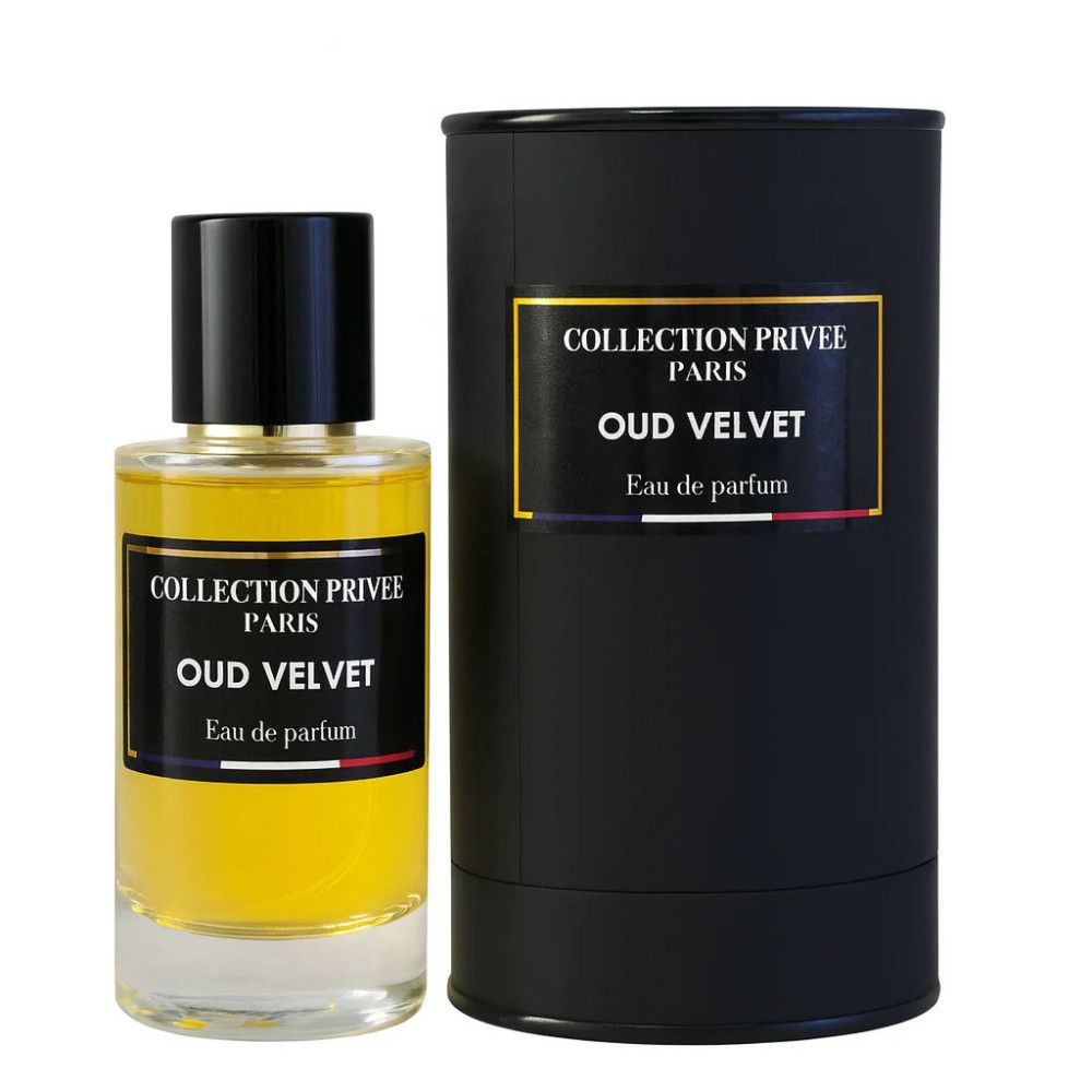 Parfumfles en zwarte cilindrische verpakking. Opschrift: Oud Velvet, Eau de parfum. Goudkleurige inhoud.