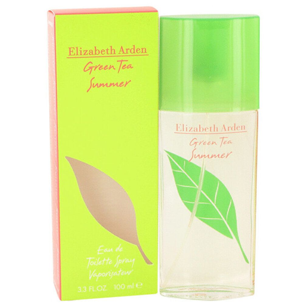 Flacon et boîte. Inscription: Elizabeth Arden Green Tea Summer. Feuille verte sur flacon, feuille marron sur boîte.