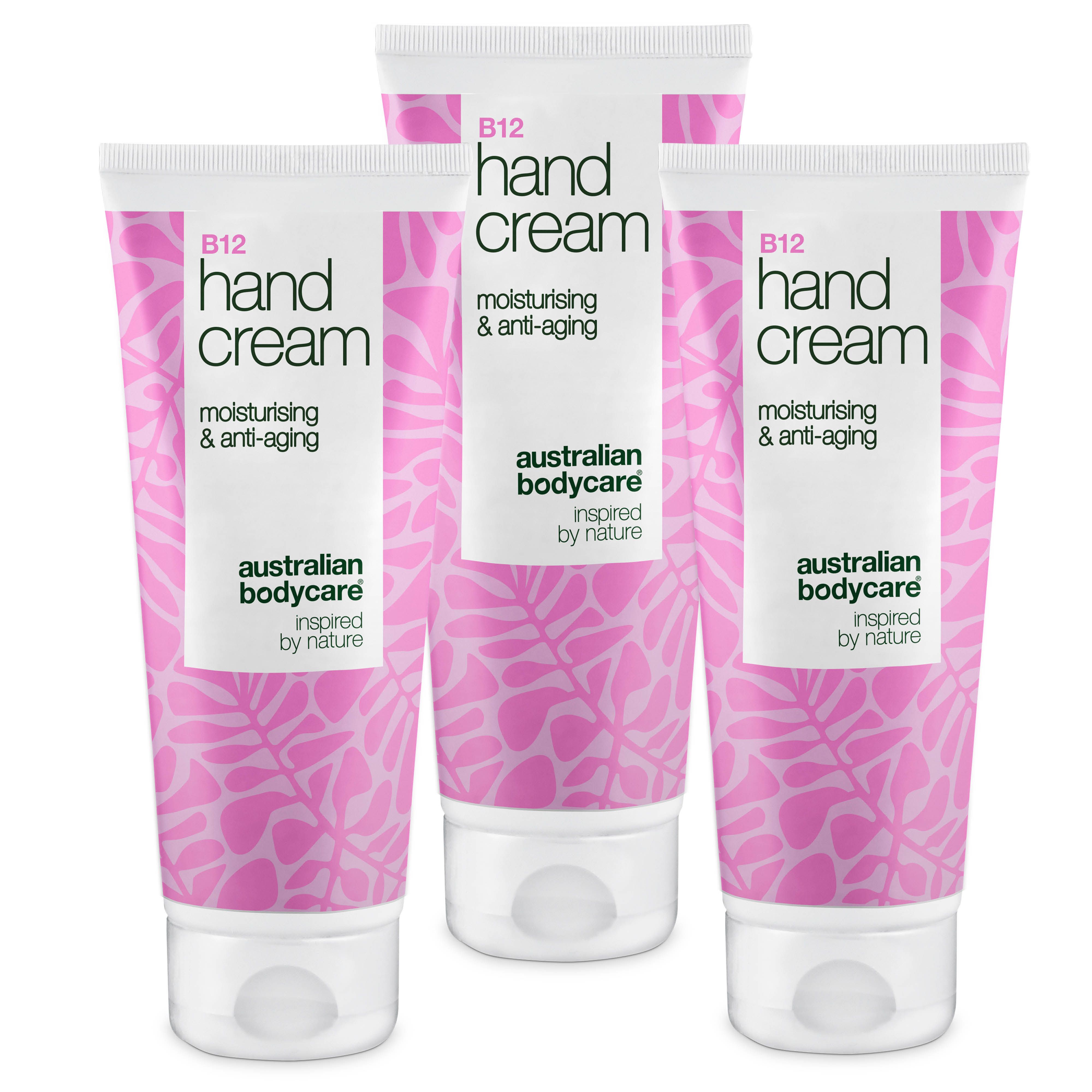 Drie tubes handcrème met B12, hydraterend en anti-aging. Roze design met bladeren. Merk: Australian Bodycare.