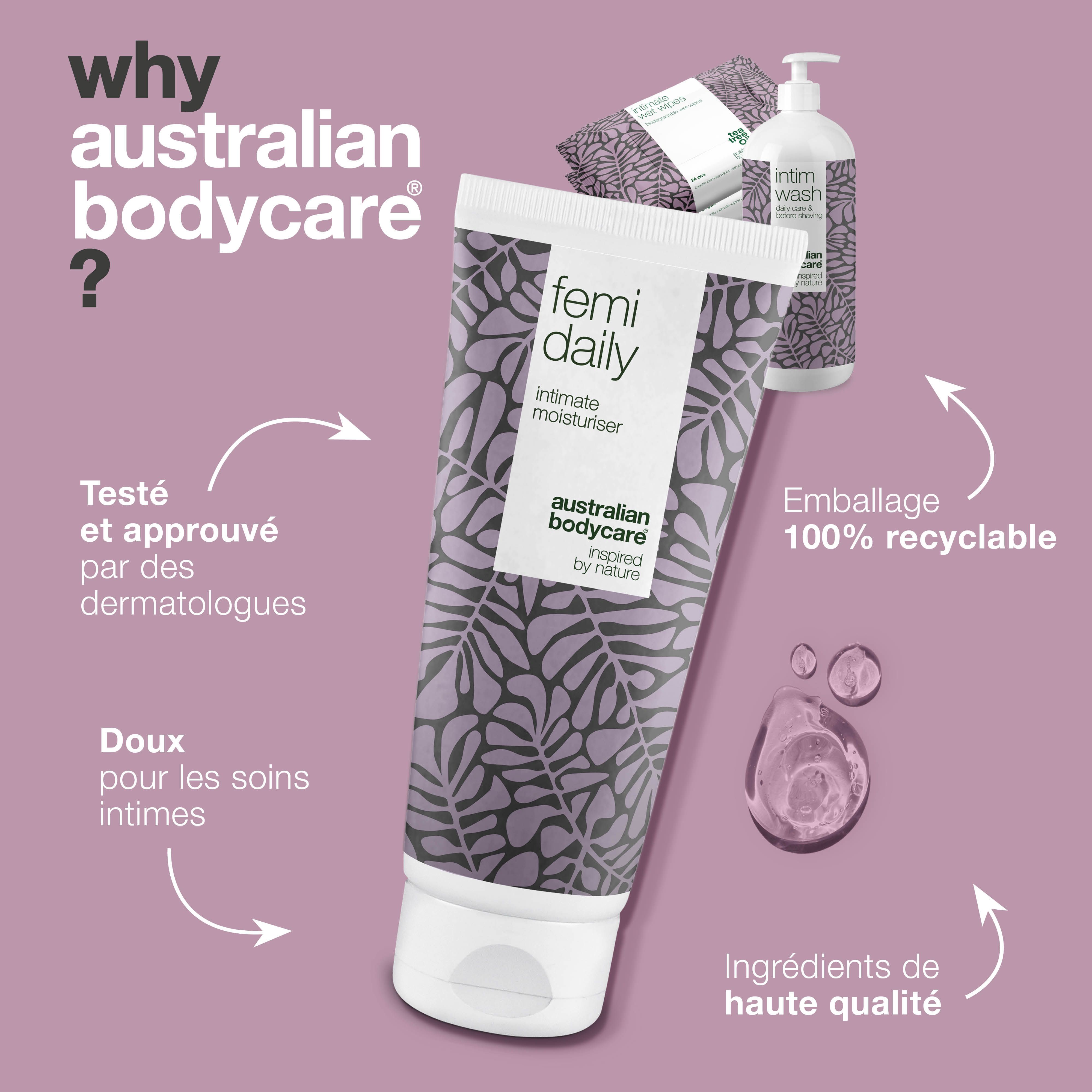 Graphique : Pourquoi Australian Bodycare ? Produits de soins intimes. Texte et gouttes roses.