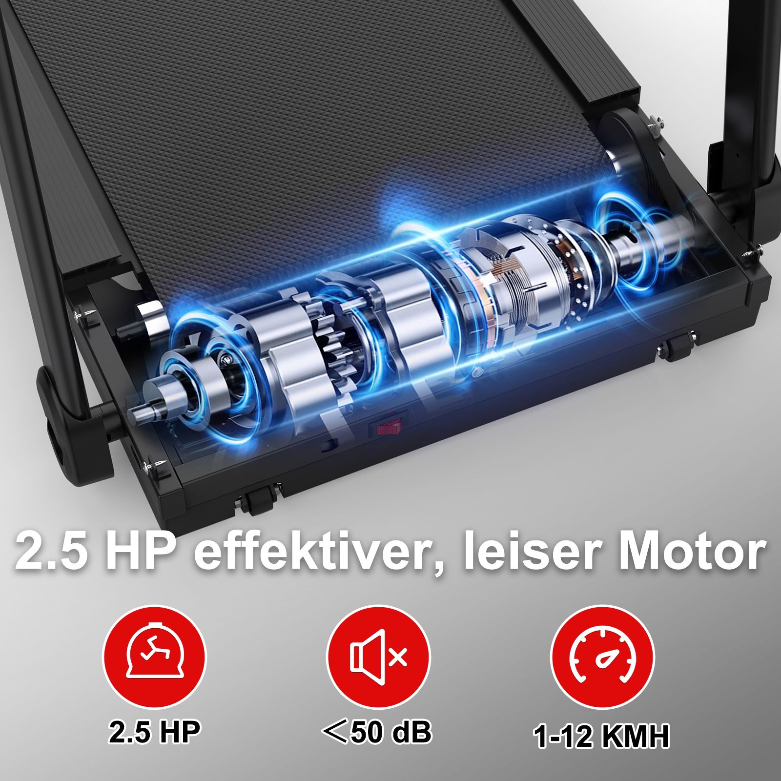 Gros plan sur le moteur d'un tapis roulant. Texte: 2.5 HP, <50 dB, 1-12 KMH.