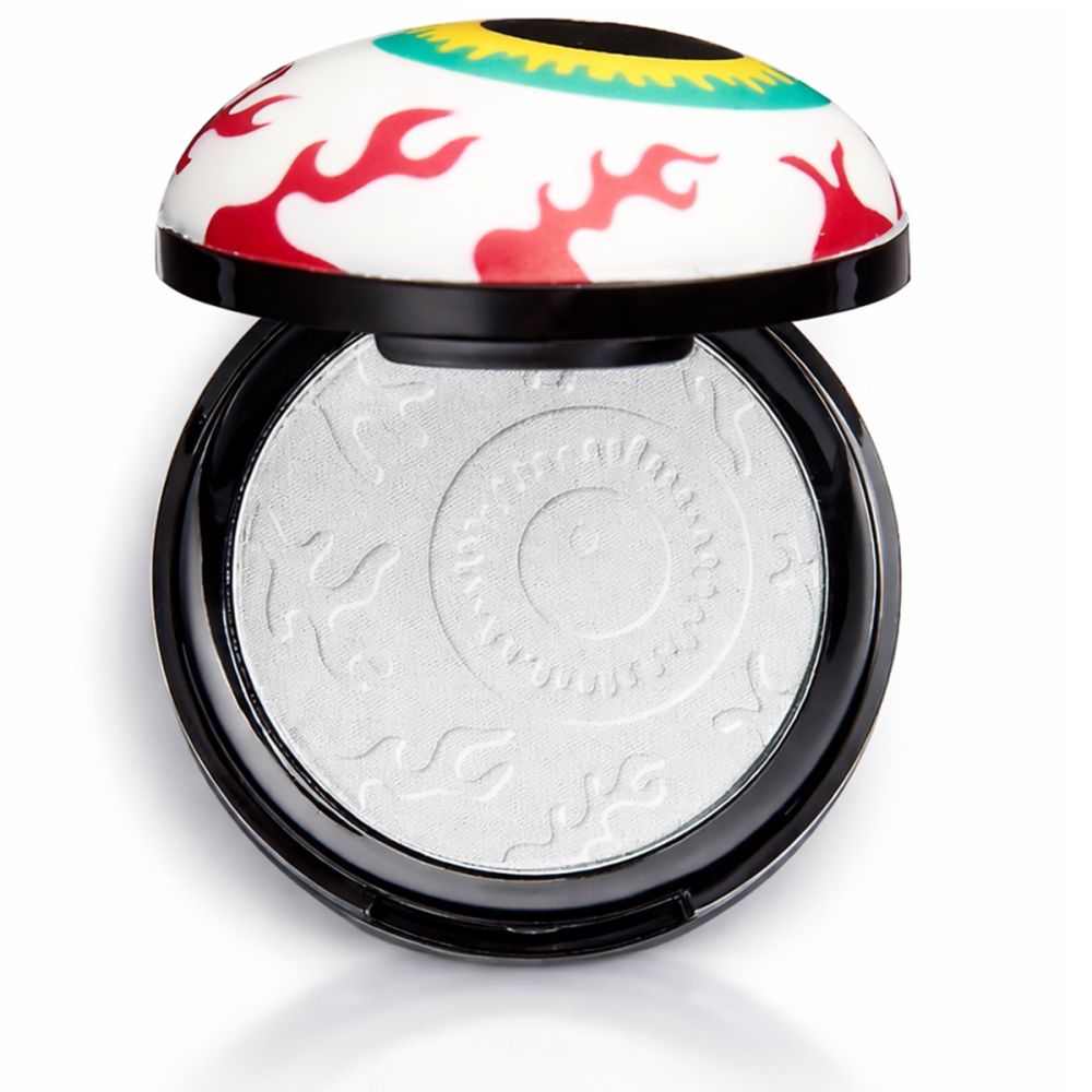 Geopende ronde houder met oogmotief. Witte highlighter met oogpatroon. Zwarte rand.