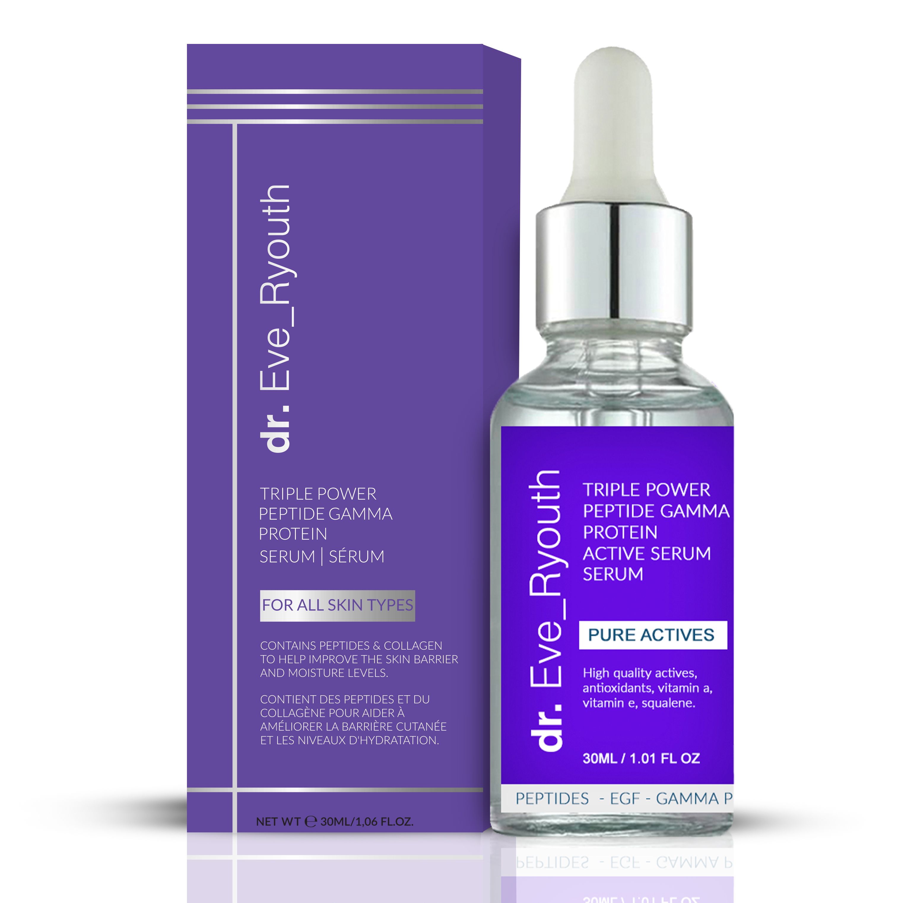Flacon et emballage de sérum Dr. Eve Ryouth, étiquette violette Peptide Gamma Protein.