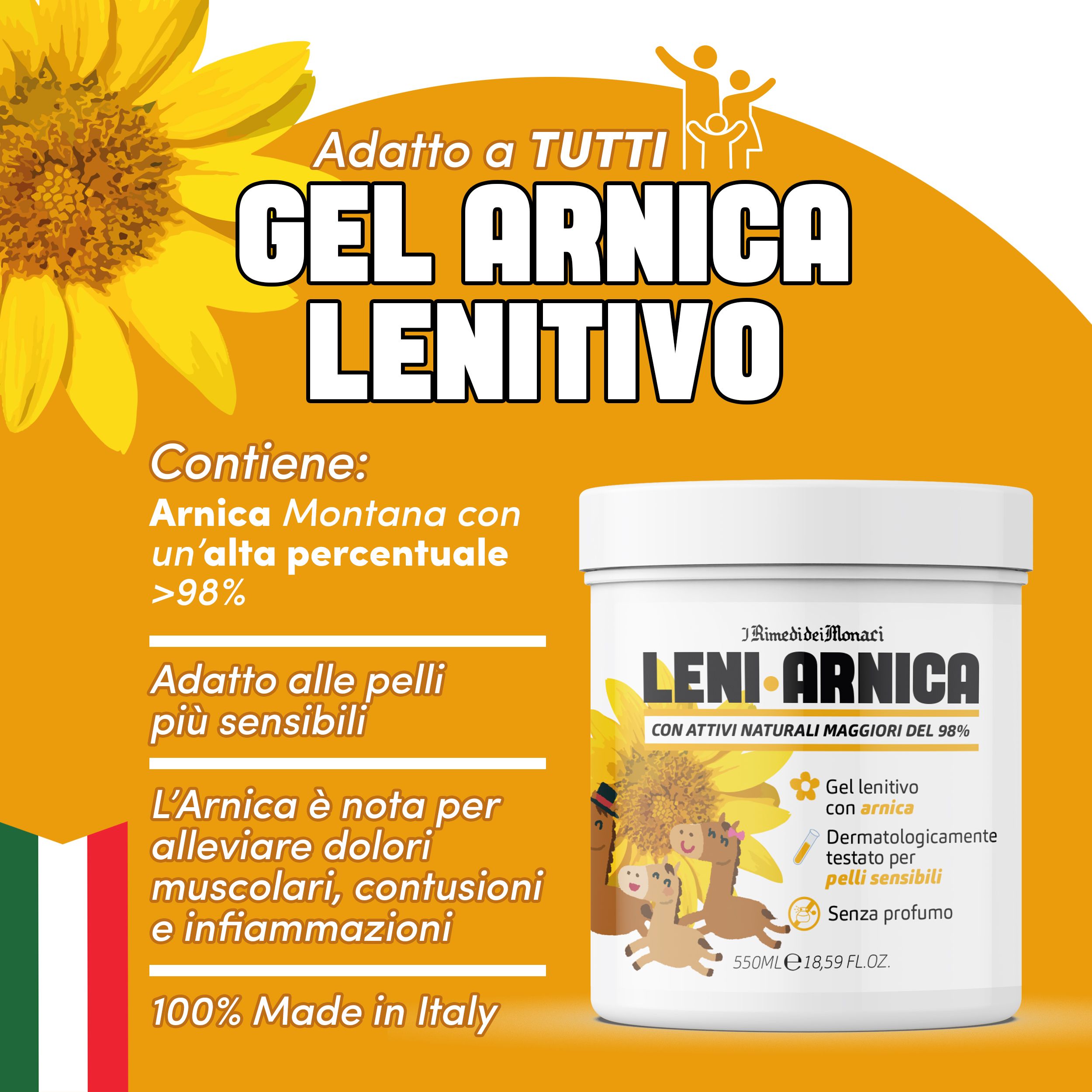 Witte pot met tekst. Gel Arnica Lenitivo, dermatologisch getest, zonder parfum. Met zonnebloemen en logo.