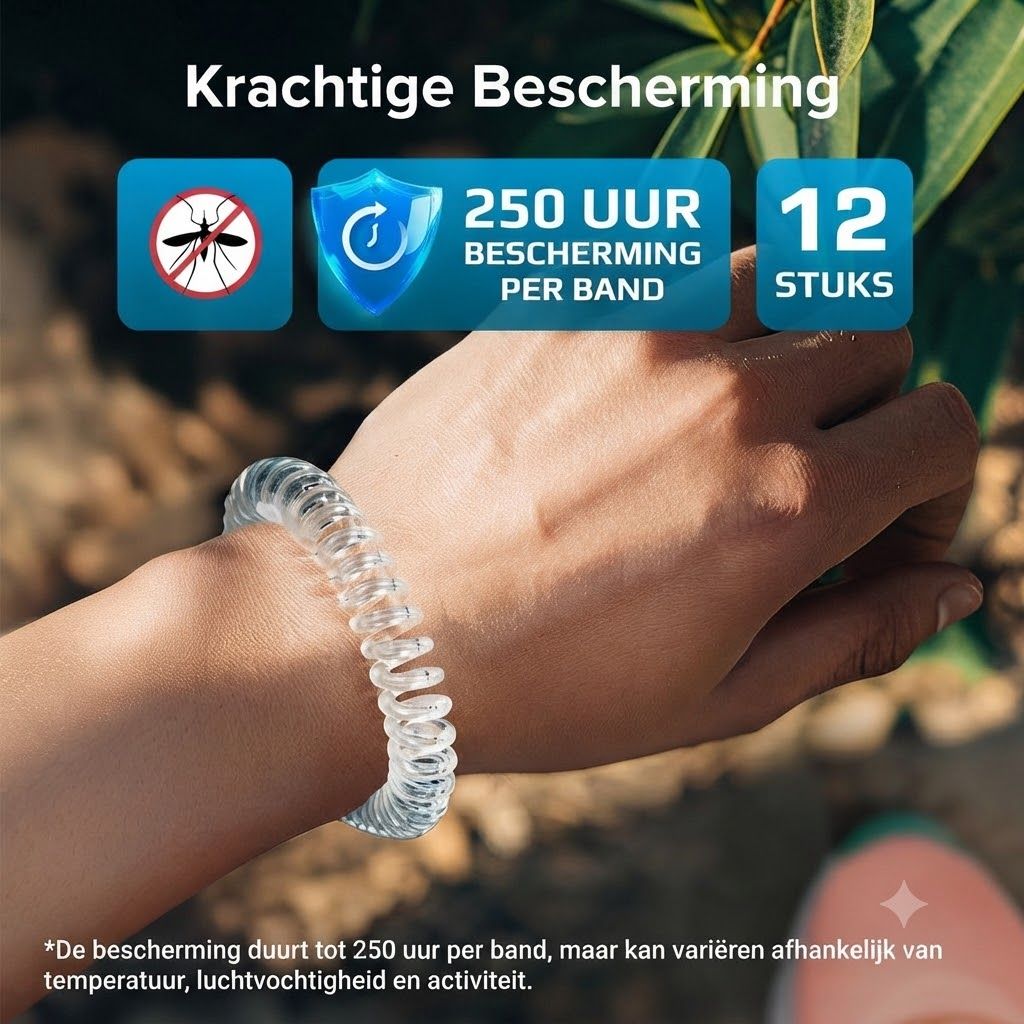Transparant armbandje met mug-icoon, 250 uur bescherming, 12 stuks.