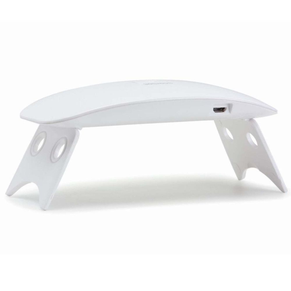 Lampe LED blanche avec dessus arrondi. Deux pieds avec trous. Port USB.