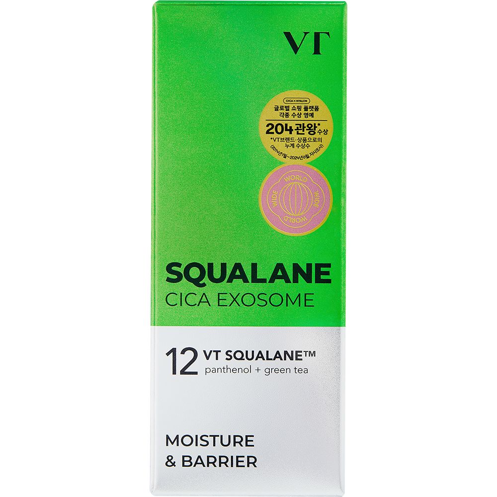 Productverpakking. Groen en wit. Opschrift: Squalane Cica Exosome. Tekst: 12 VT Squalane, panthenol + green tea.