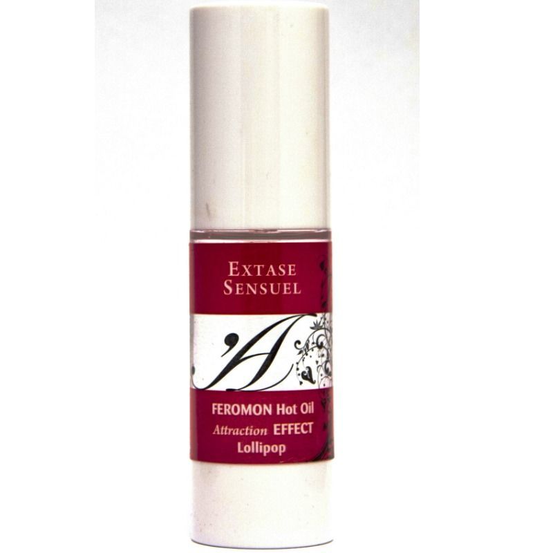 Flacon blanc avec étiquette rouge : Extase Sensuel, Feronon Hot Oil, Attraction Effect, Lollipop.