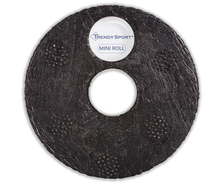 Rouleau de fascia noir, rond, avec trous et picots. Logo blanc : Trendy Sport Mini Roll. Sur fond blanc.