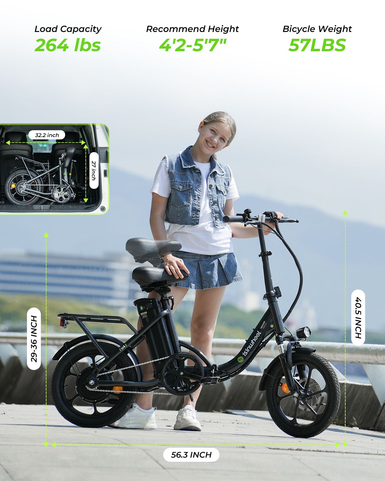 Zwarte e-bike met persoon. Afmetingen: 56,3 inch lang, 40,5 inch hoog, zadelhoogte 29-36 inch. Max. belasting 264 lbs, gewicht 57 lbs.