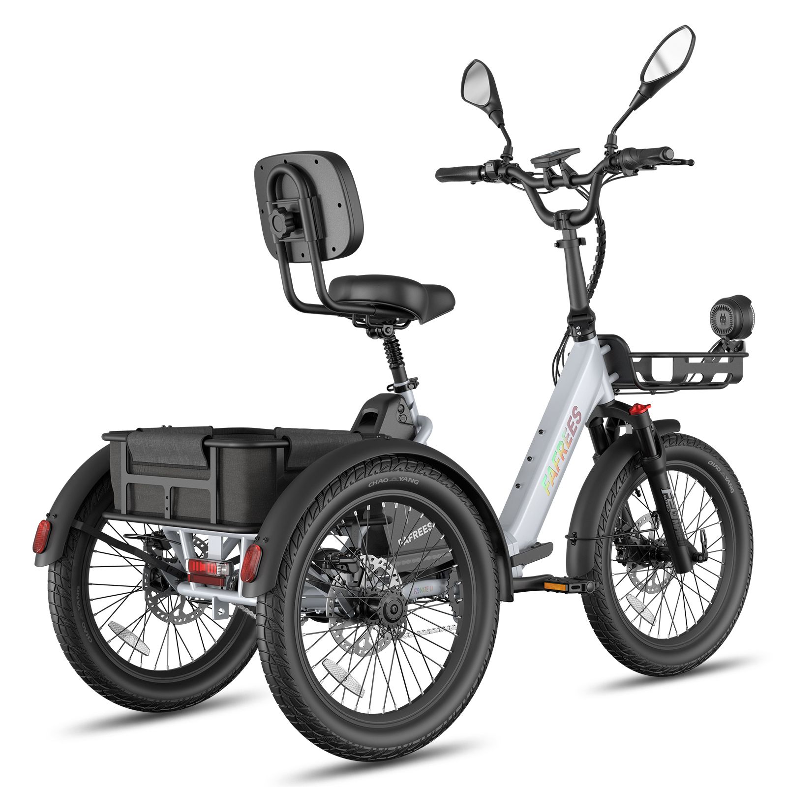 Tricycle électrique gris avec panier, rétroviseurs et porte-bagages. Pneus et siège noirs. Marque FAFREES.