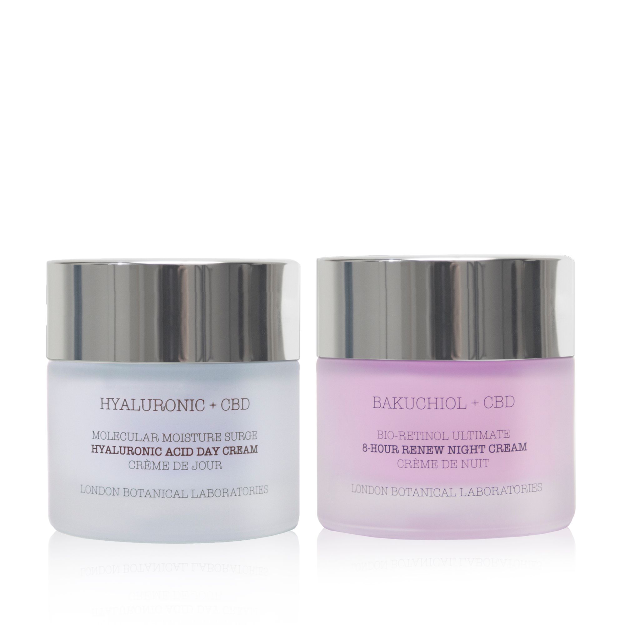 Deux pots de crème avec couvercles argentés. À gauche : crème de jour à l'acide hyaluronique. À droite : crème de nuit au bakuchiol. Texte et logo.
