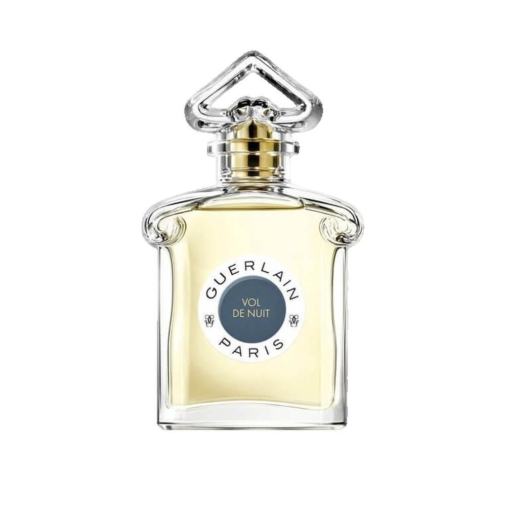 Parfumfles met gouden dop en heldere vloeistof. Label: Guerlain, Vol de Nuit, Paris.