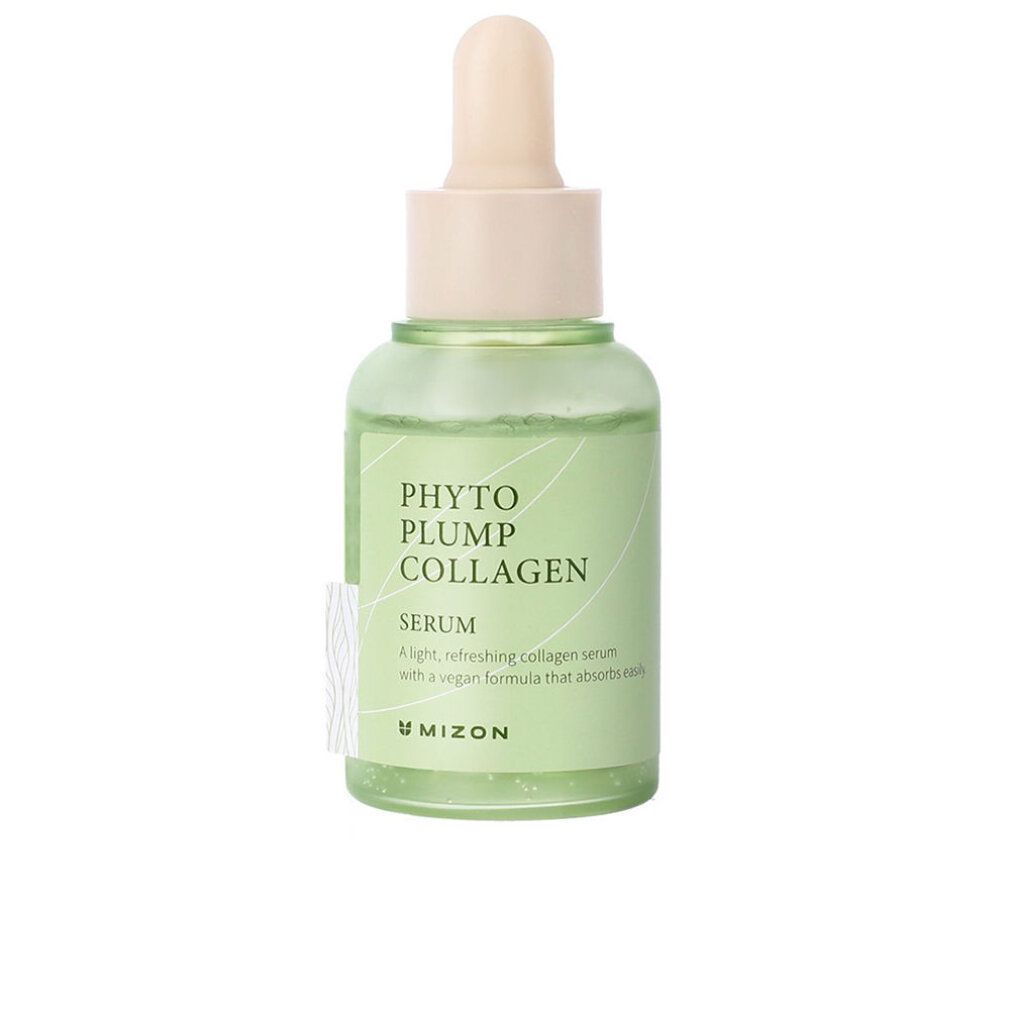 Groene glazen fles met serum. Opschrift: Phyto Plump Collagen Serum. Met pipet en lichte dop.