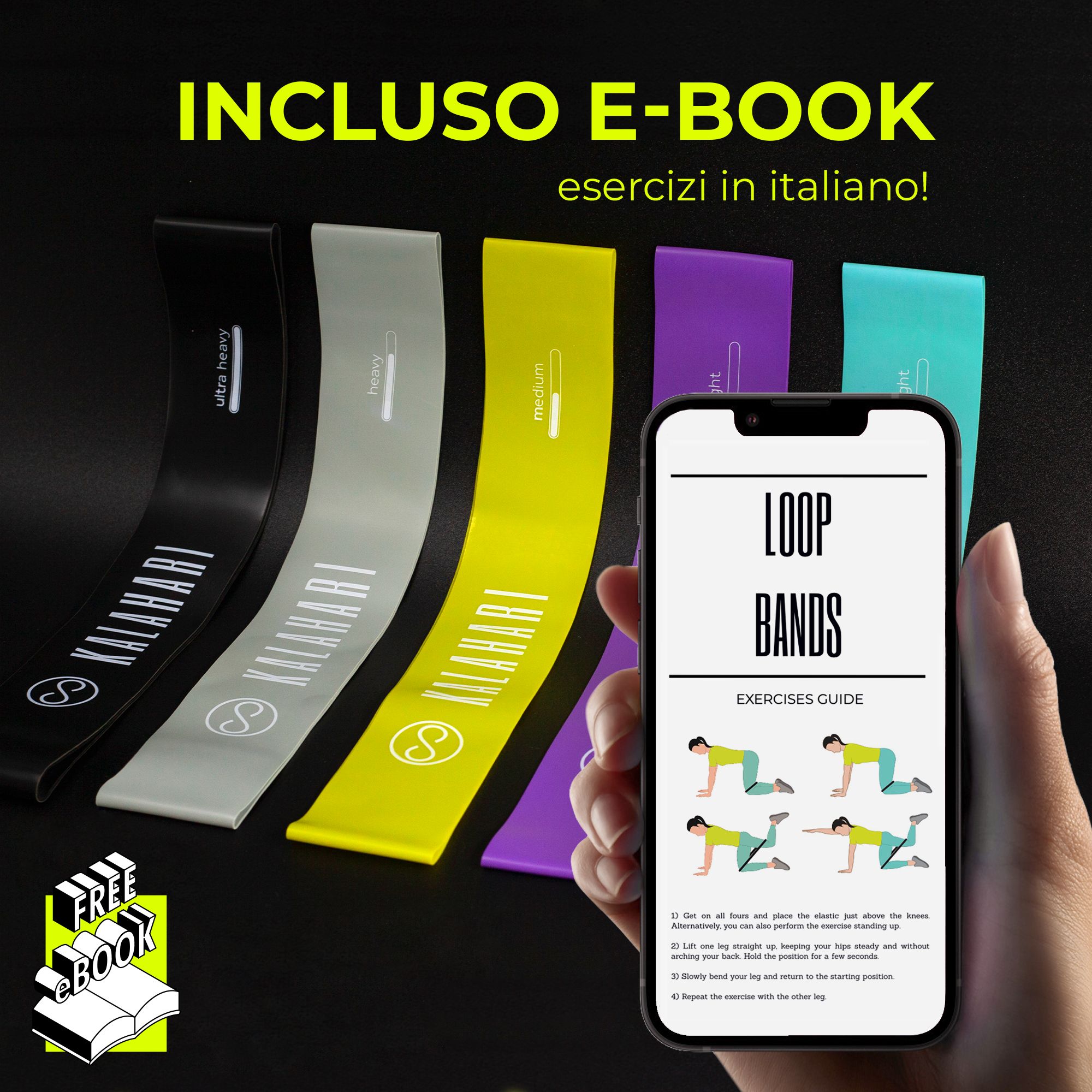 KALAHARI Weerstandsbanden Set van 5 + oefening eBook, Fitness Elastiek Banden 5 Weerstandsniveaus