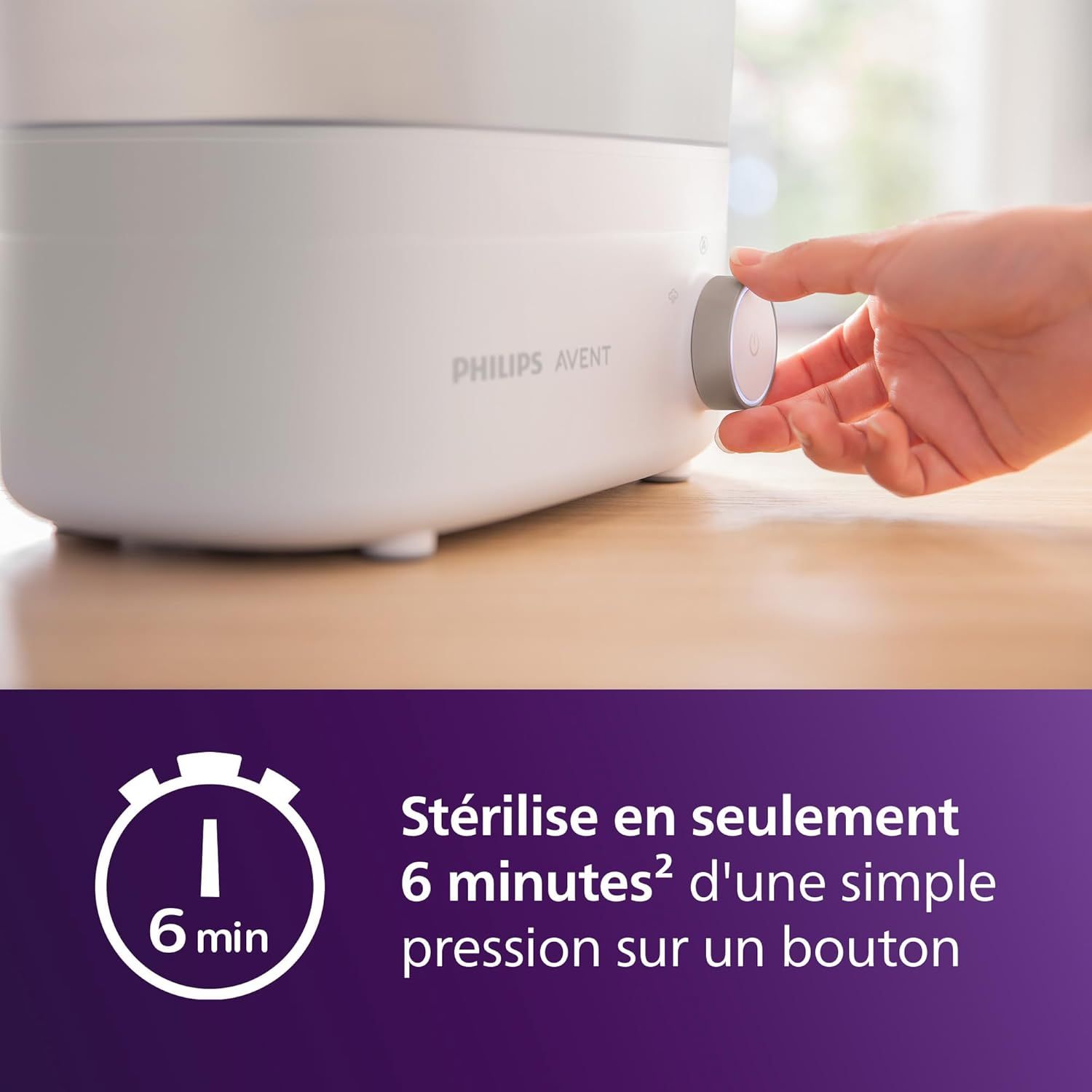 Stérilisateur Philips Avent sur une table, avec un cercle violet indiquant la stérilité jusqu'à 24 heures.