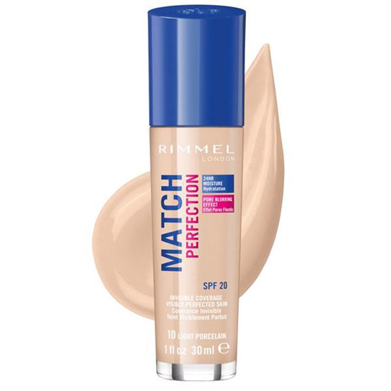Rimmel Match Perfection Foundation en 10 Light Porcelain, flacon de 30ml avec distributeur bleu.