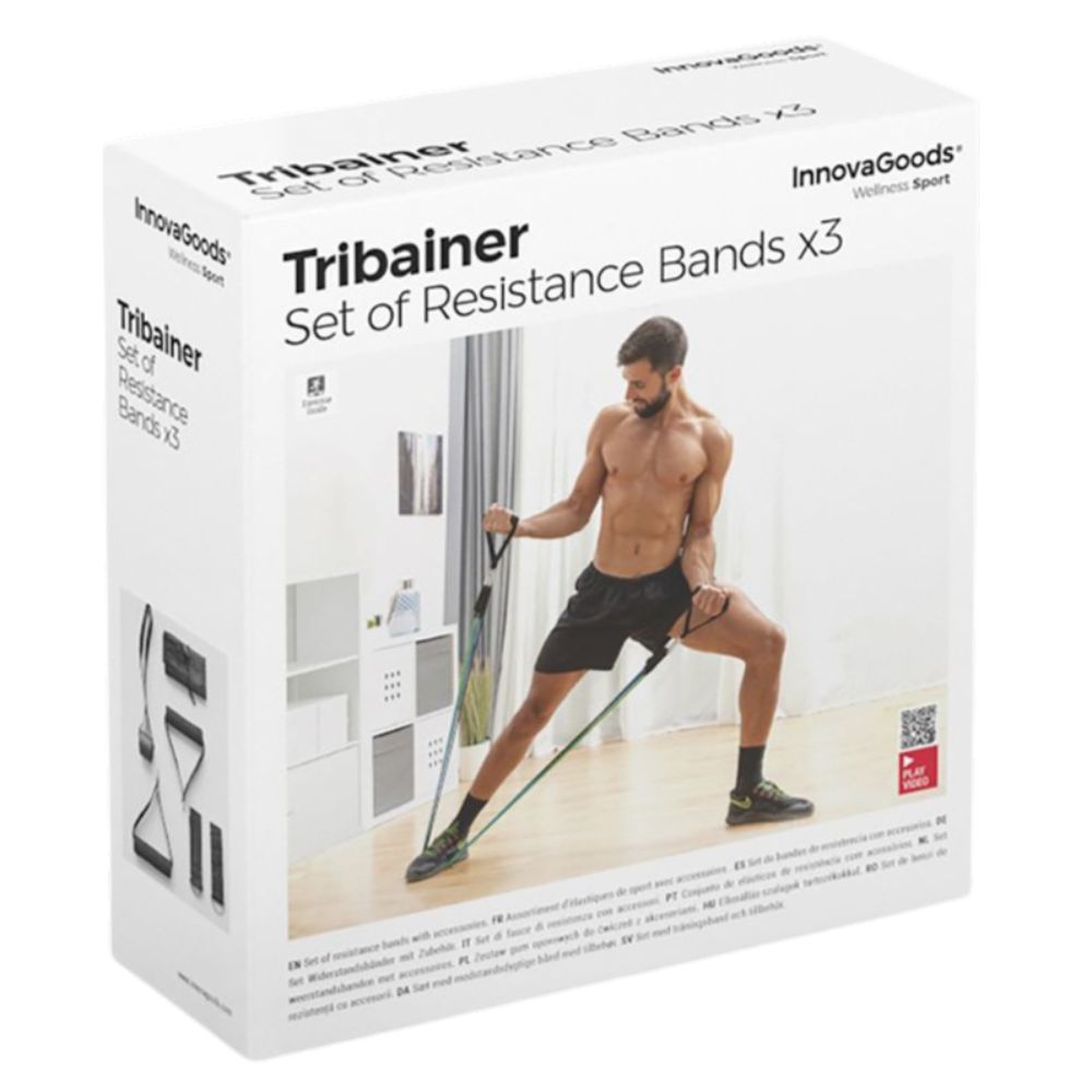 Set weerstandsbanden met accessoires in verpakking. Man demonstreert oefening. Merk InnovaGoods. Tekst: Tribainer Set of Resistance Bands x3.