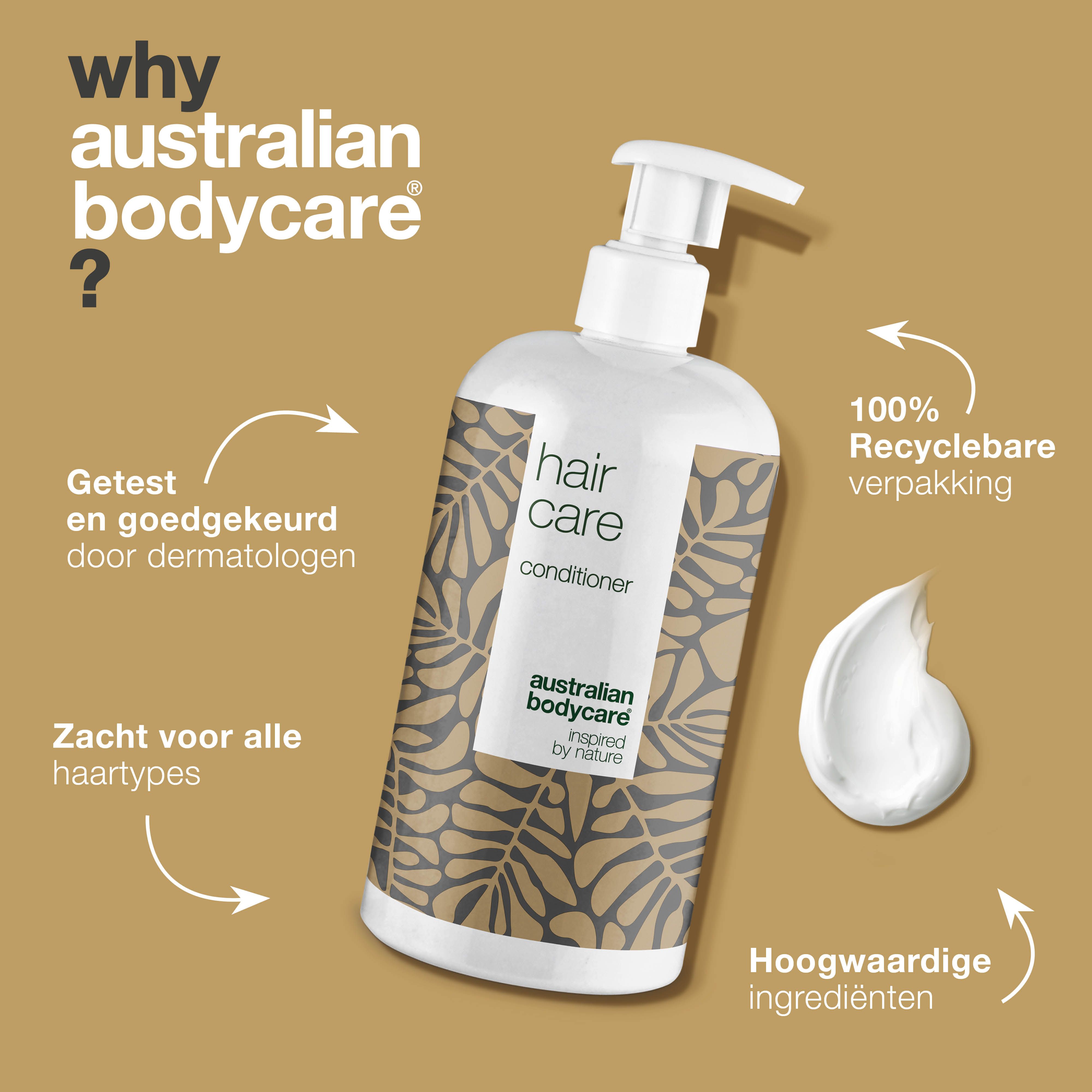 Fles conditioner met opschrift: Hair Care, Australian Bodycare. Tekst: 100% recyclebare verpakking, hoogwaardige ingrediënten.