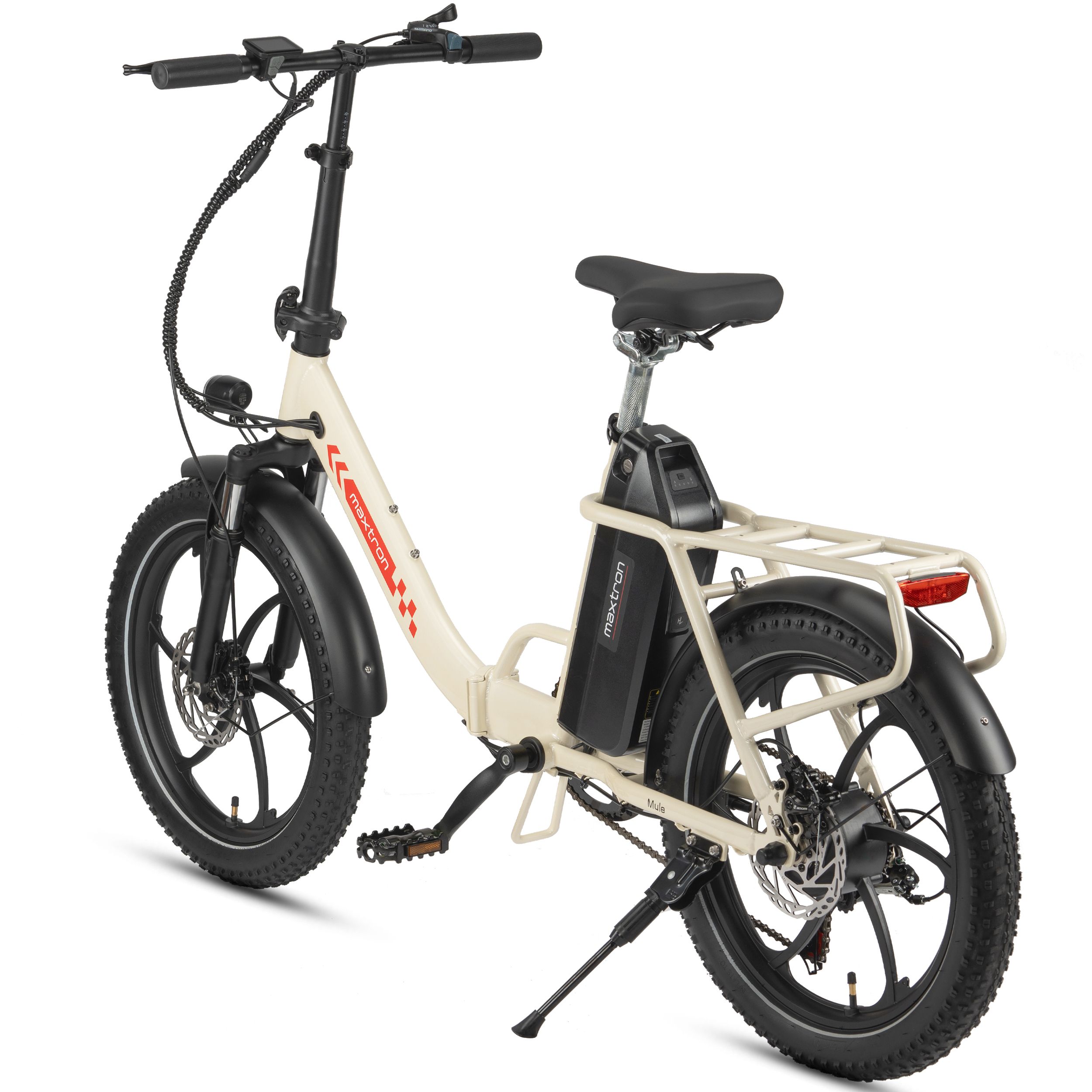Vélo électrique pliant crème, pneus noirs, logo Maxtron. Porte-bagages, batterie, phare.