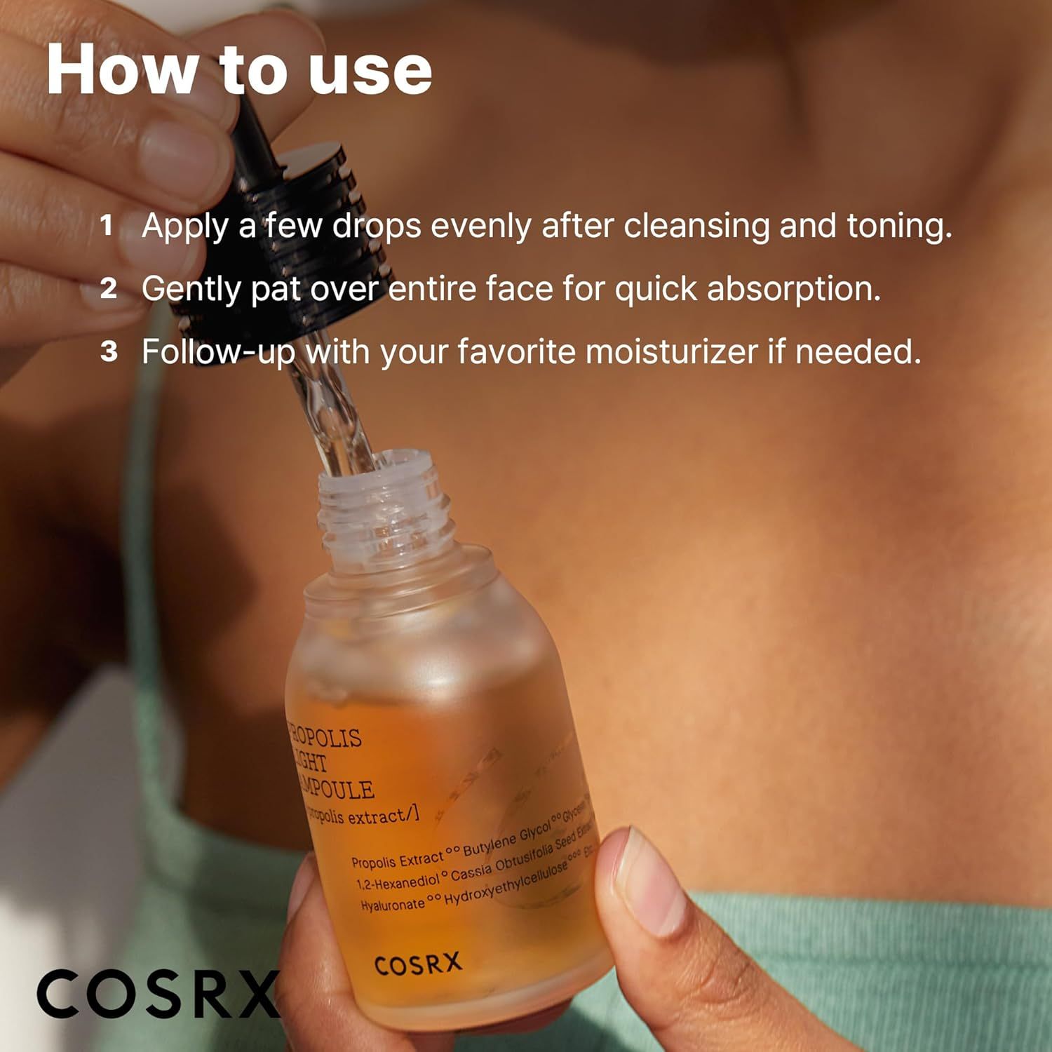 Utilisation de l'Ampoule Propolis Légère COSRX : appliquer, tapoter pour absorption, suivre d'une crème hydratante.